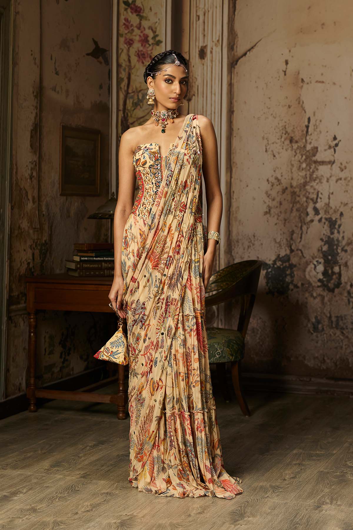 BEIGE PRINTED AND HIGHLIGHTED CORSET WITH TIERED SKIRT SAREE SET