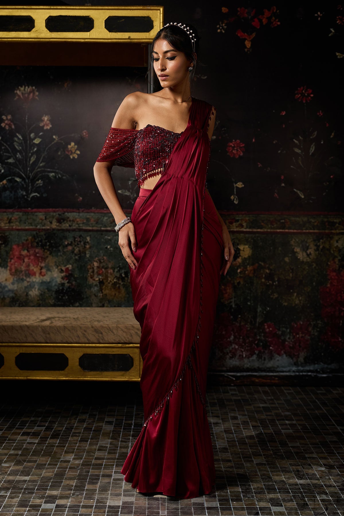 Maroon Embellished Sharara Saree Set