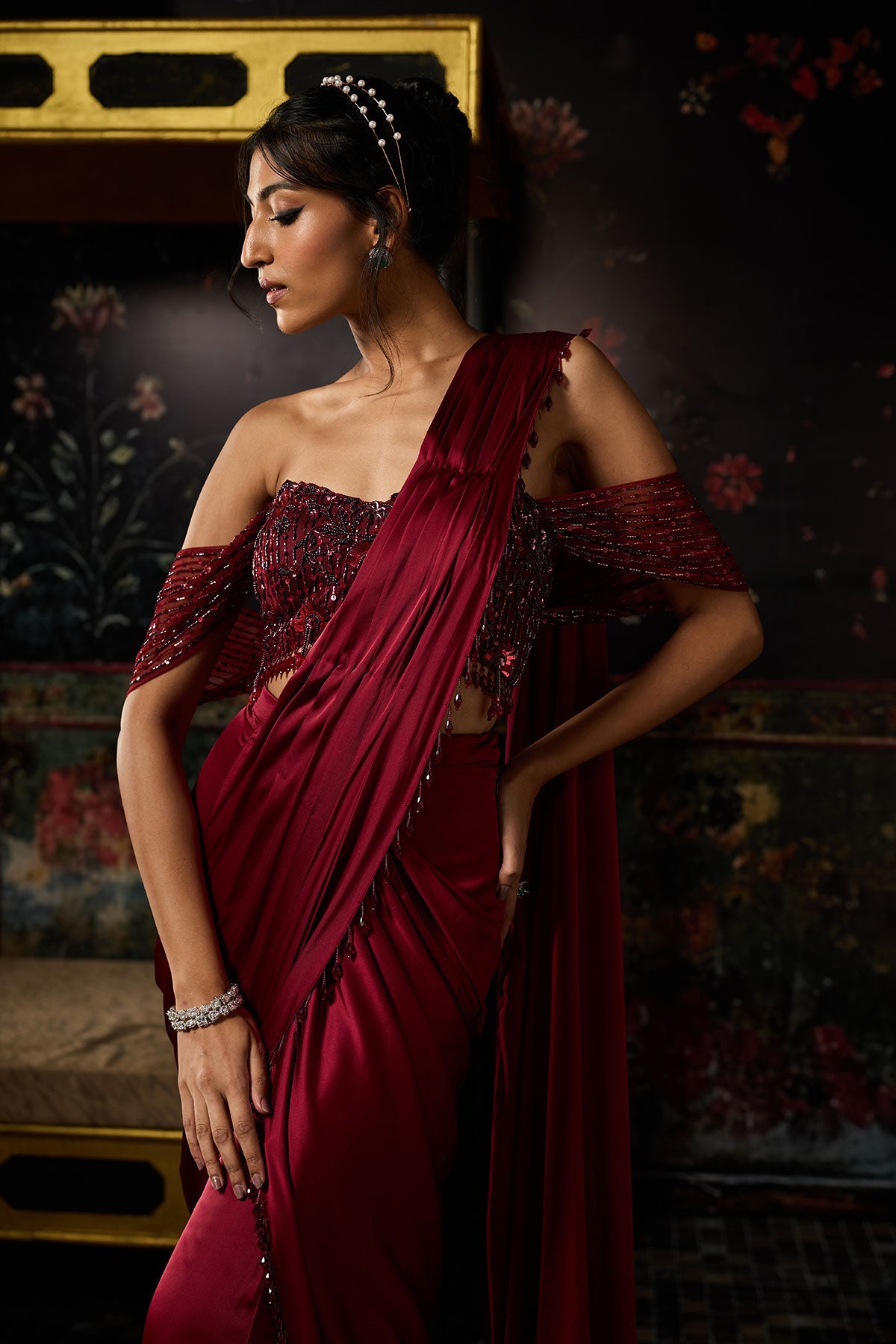 Maroon Embellished Sharara Saree Set