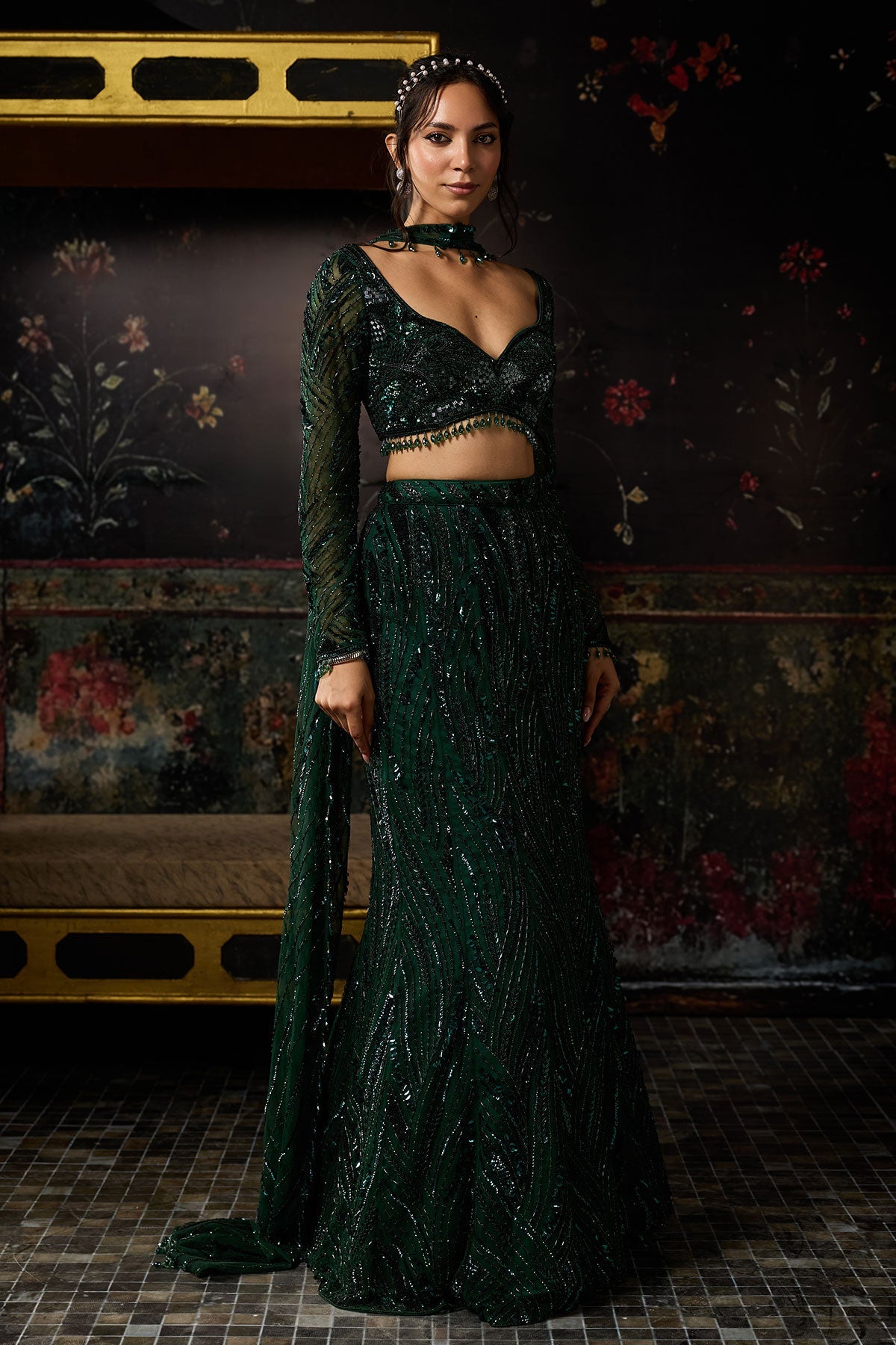 Emerald Green Embellished  Mermaid Skirt Set