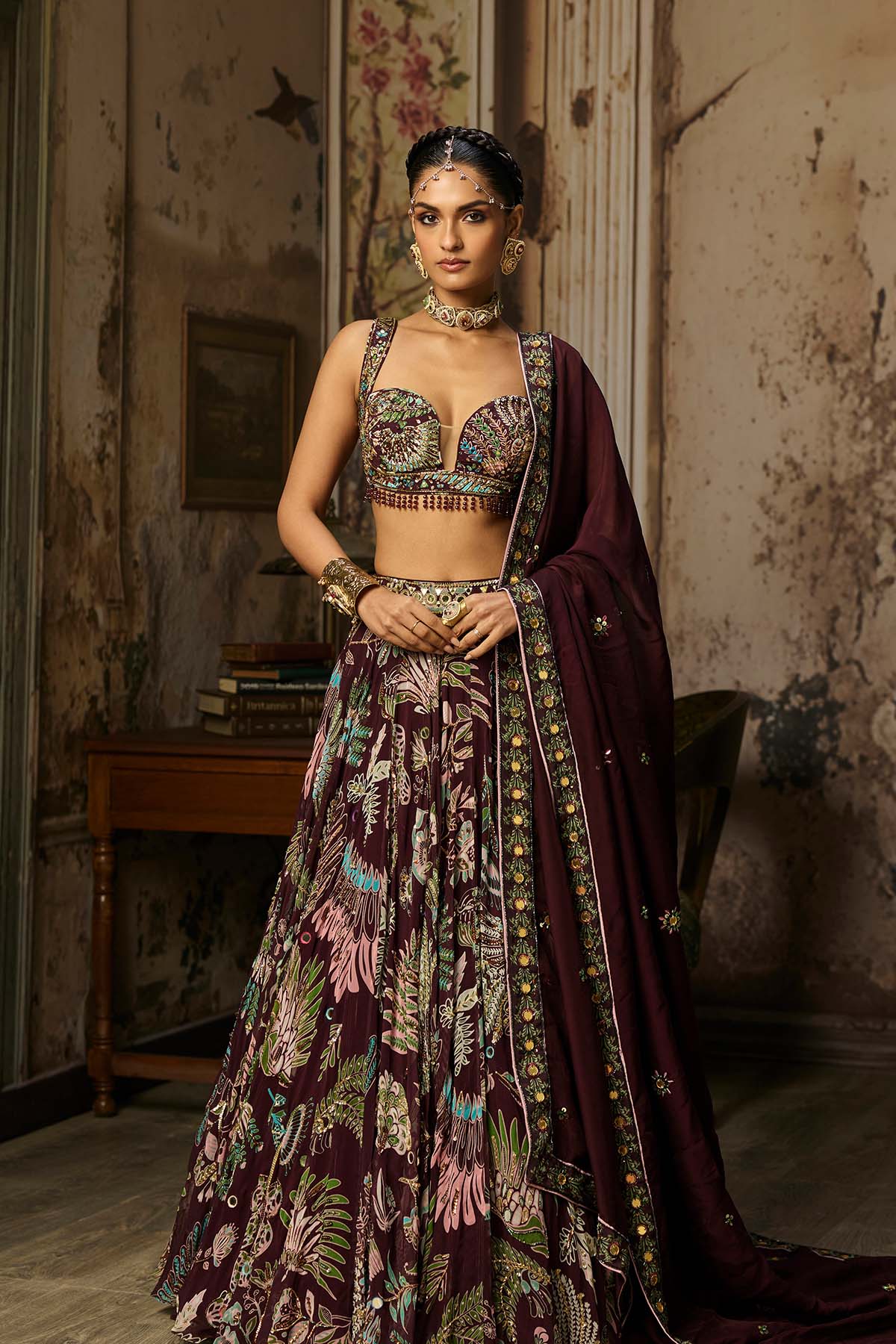 PLUM PRINTED AND HIGHLIGHTED LEHENGA SET
