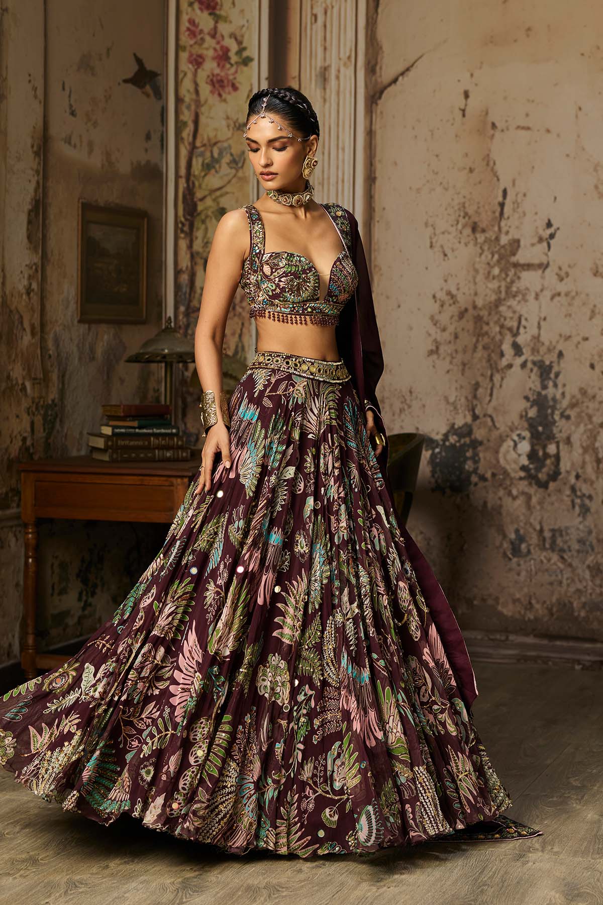 PLUM PRINTED AND HIGHLIGHTED LEHENGA SET