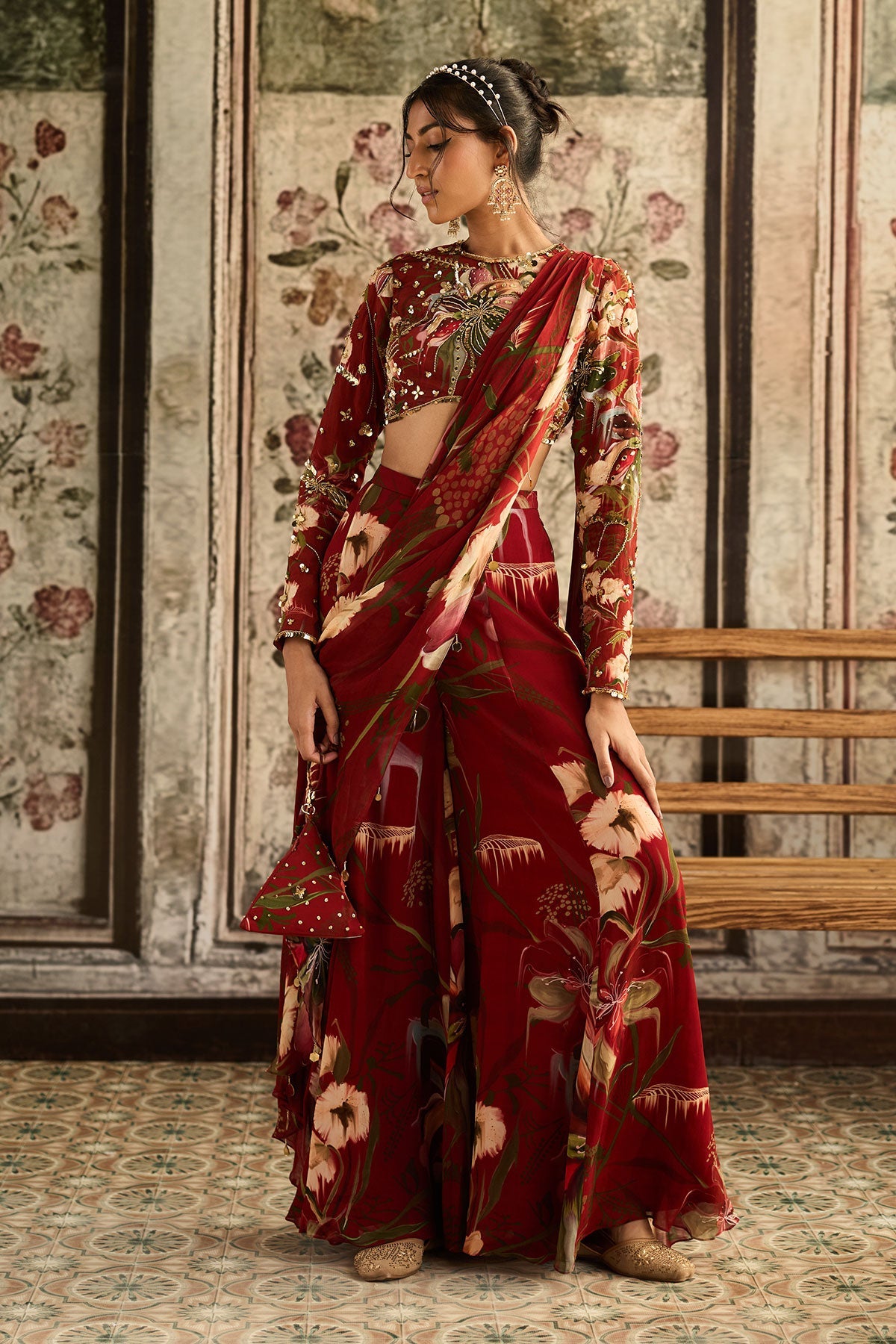 Red Floral Printed Skirt Saree Set