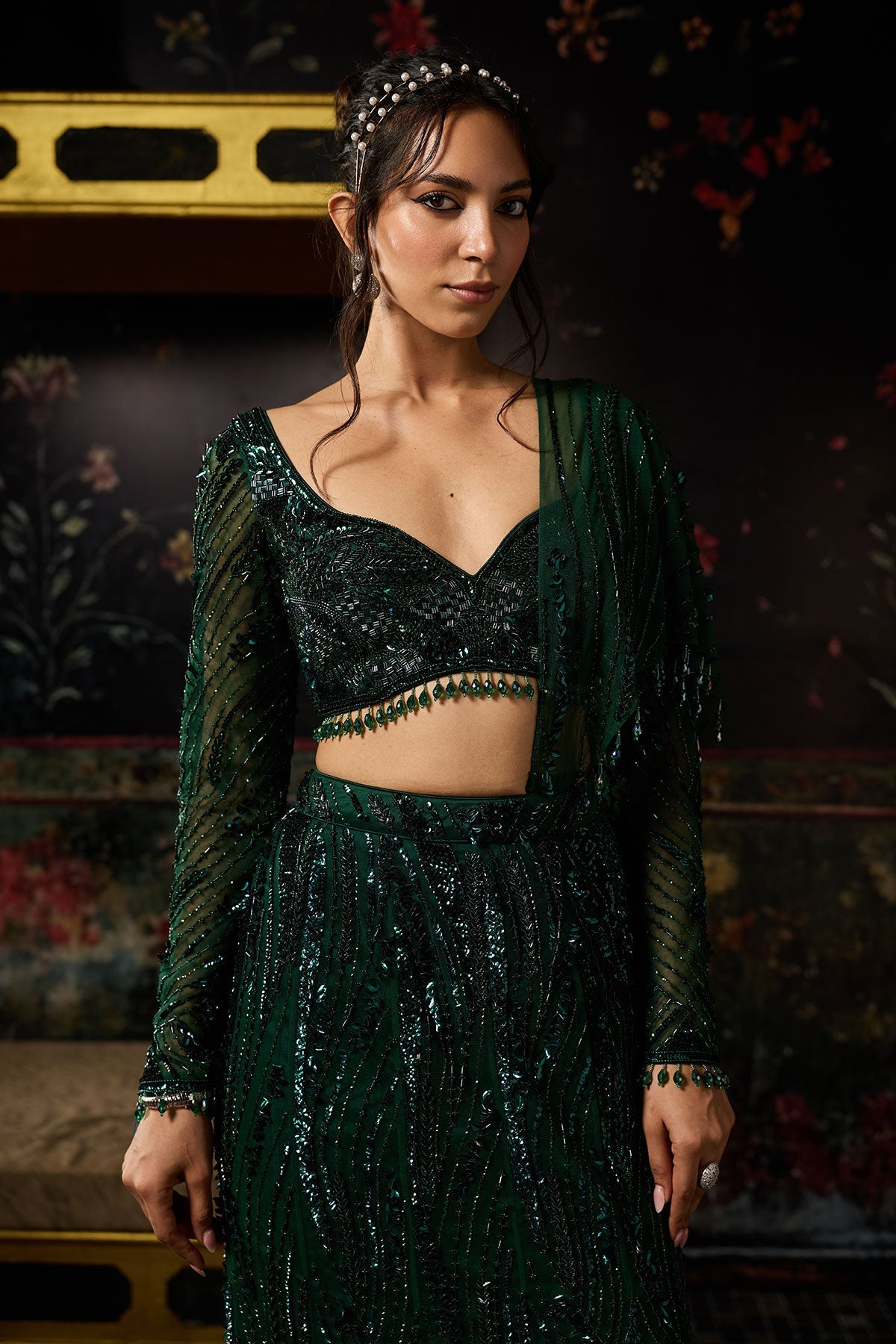 Emerald Green Embellished Mermaid Skirt Saree Set