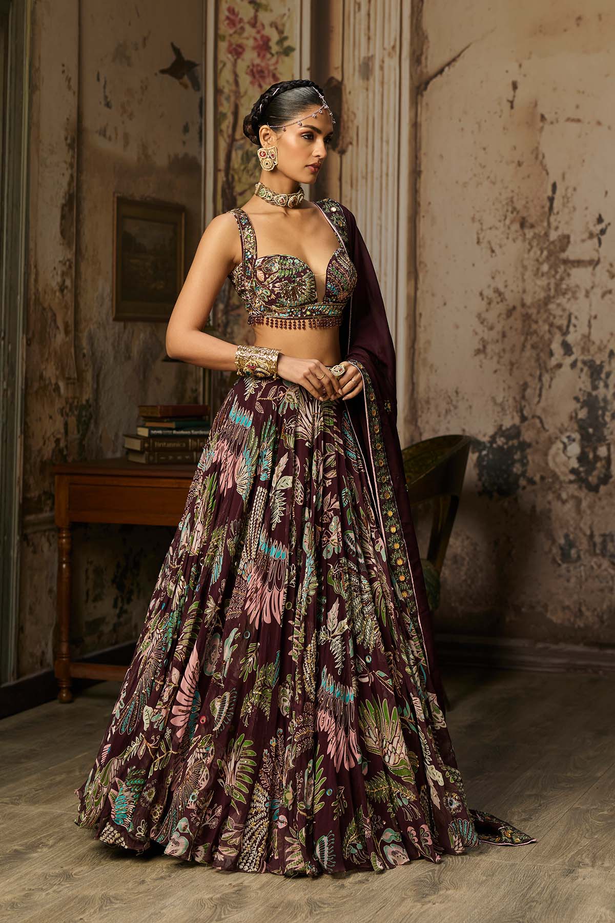 PLUM PRINTED AND HIGHLIGHTED LEHENGA SET