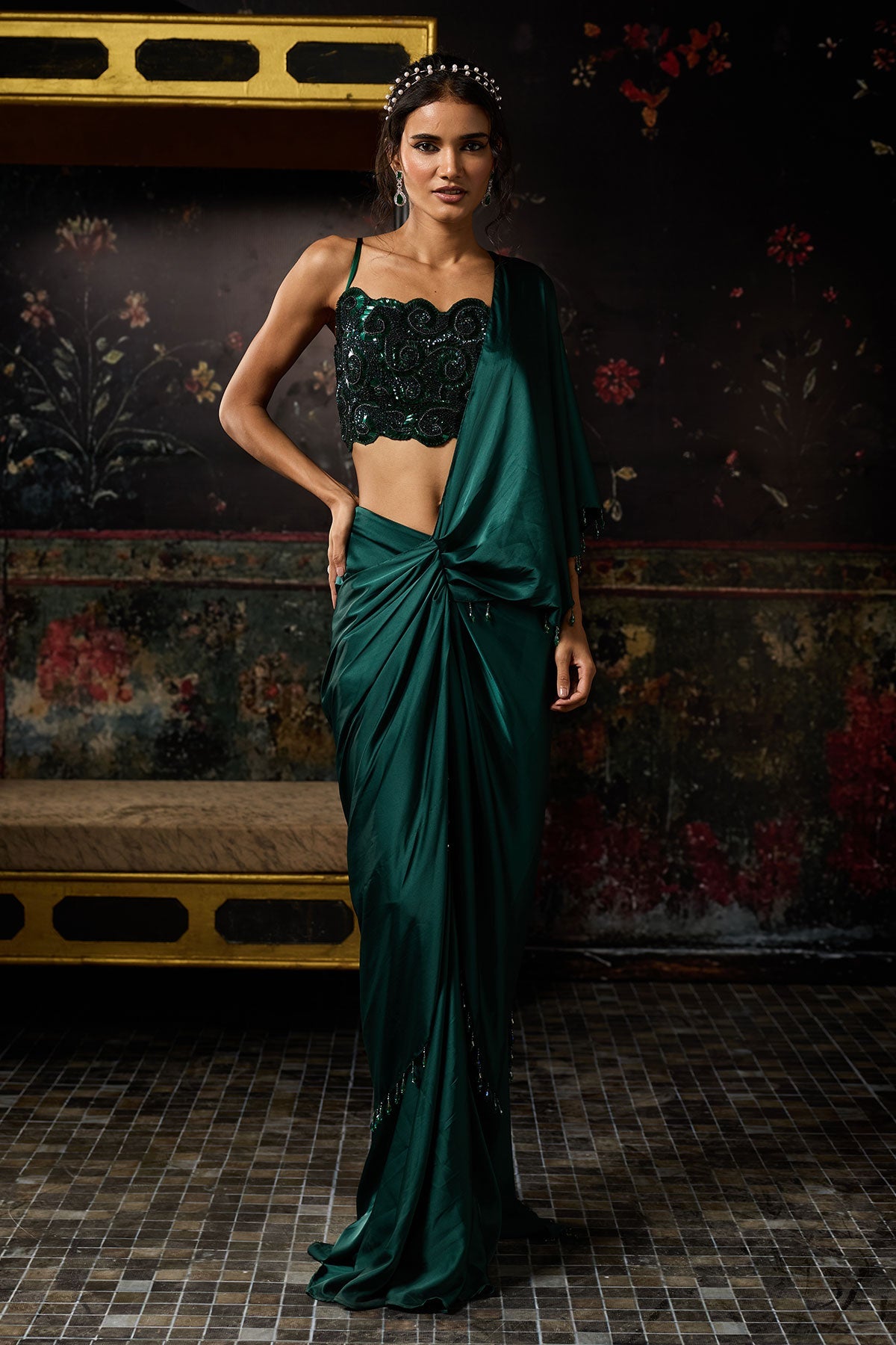 Emerald Green Embellished Dhoti Skirt Saree Set