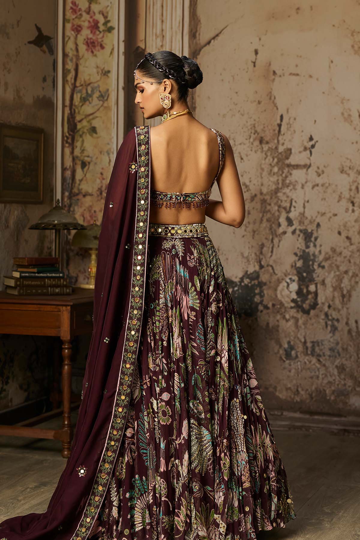 PLUM PRINTED AND HIGHLIGHTED LEHENGA SET