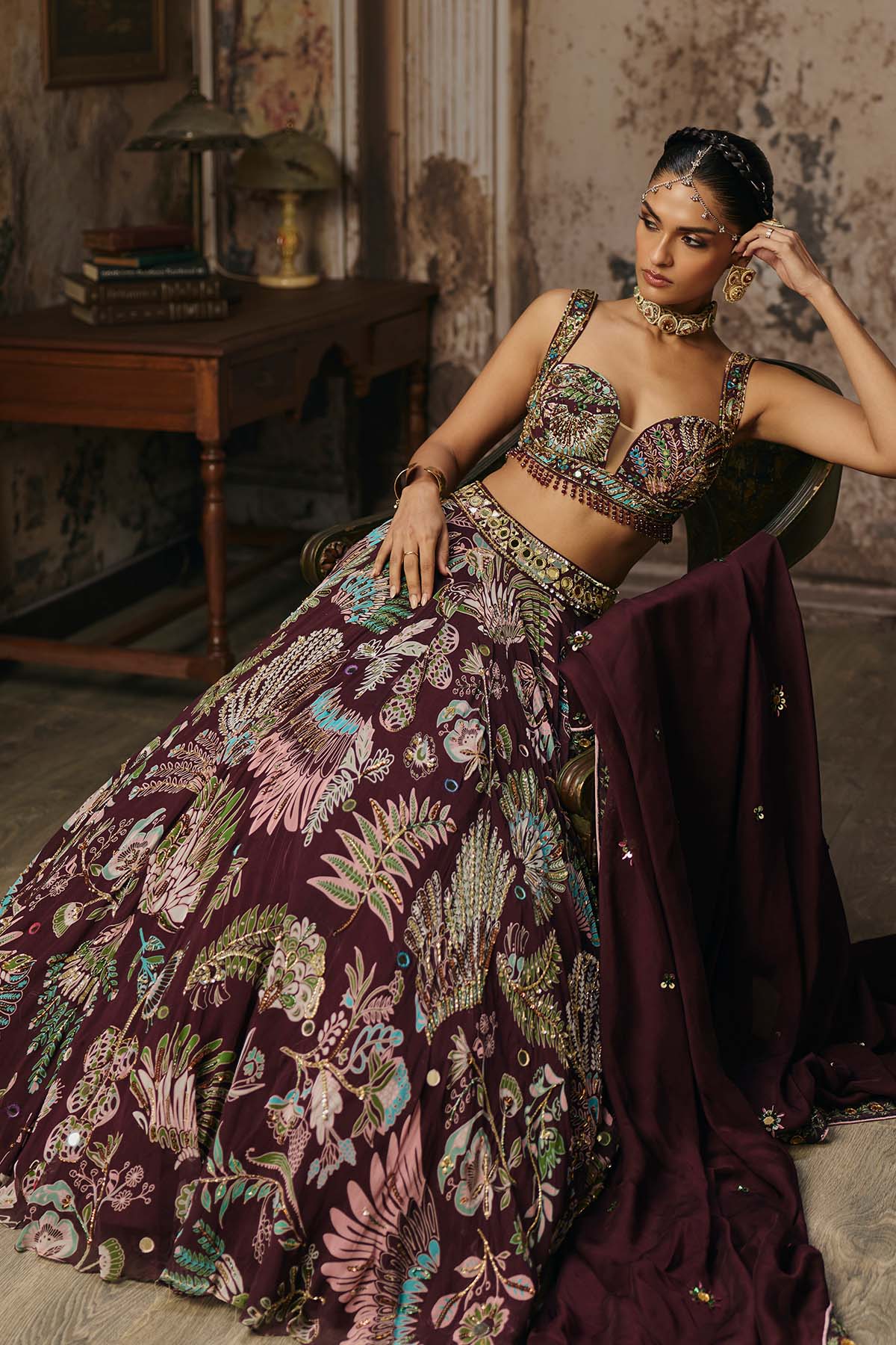 PLUM PRINTED AND HIGHLIGHTED LEHENGA SET