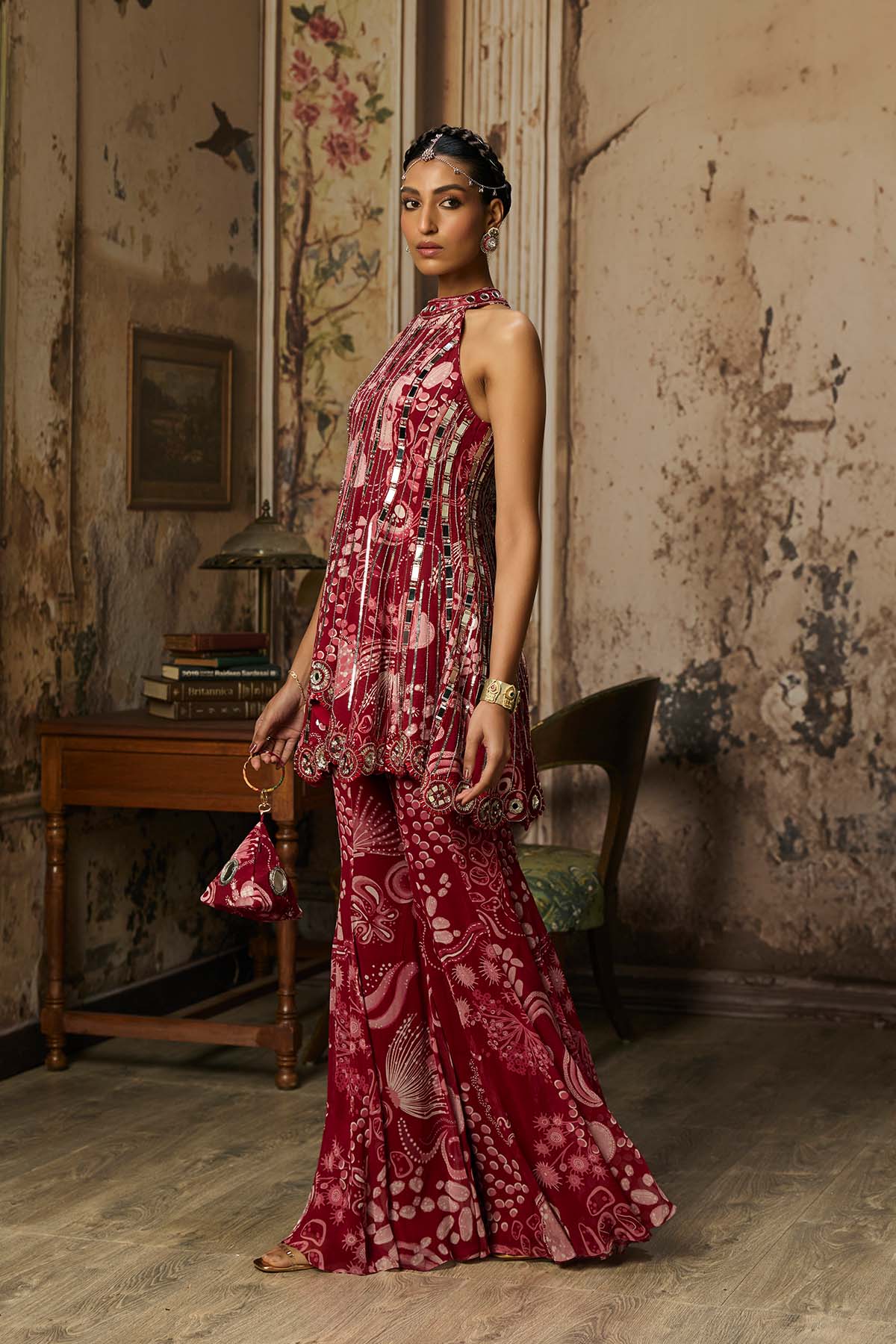SCARLET RED PRINTED AND HIGHLIGHTED PEPLUM SET