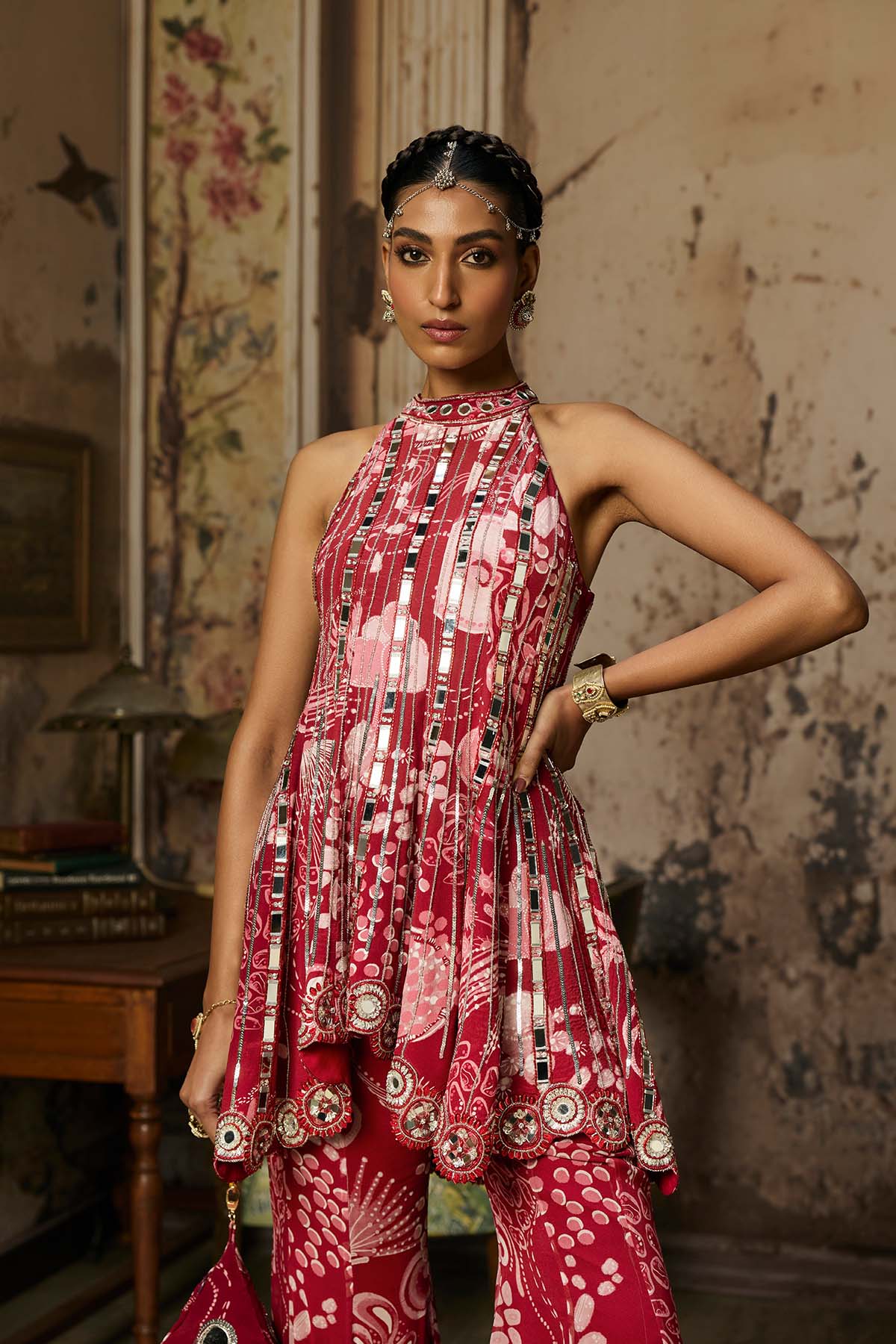 SCARLET RED PRINTED AND HIGHLIGHTED PEPLUM SET