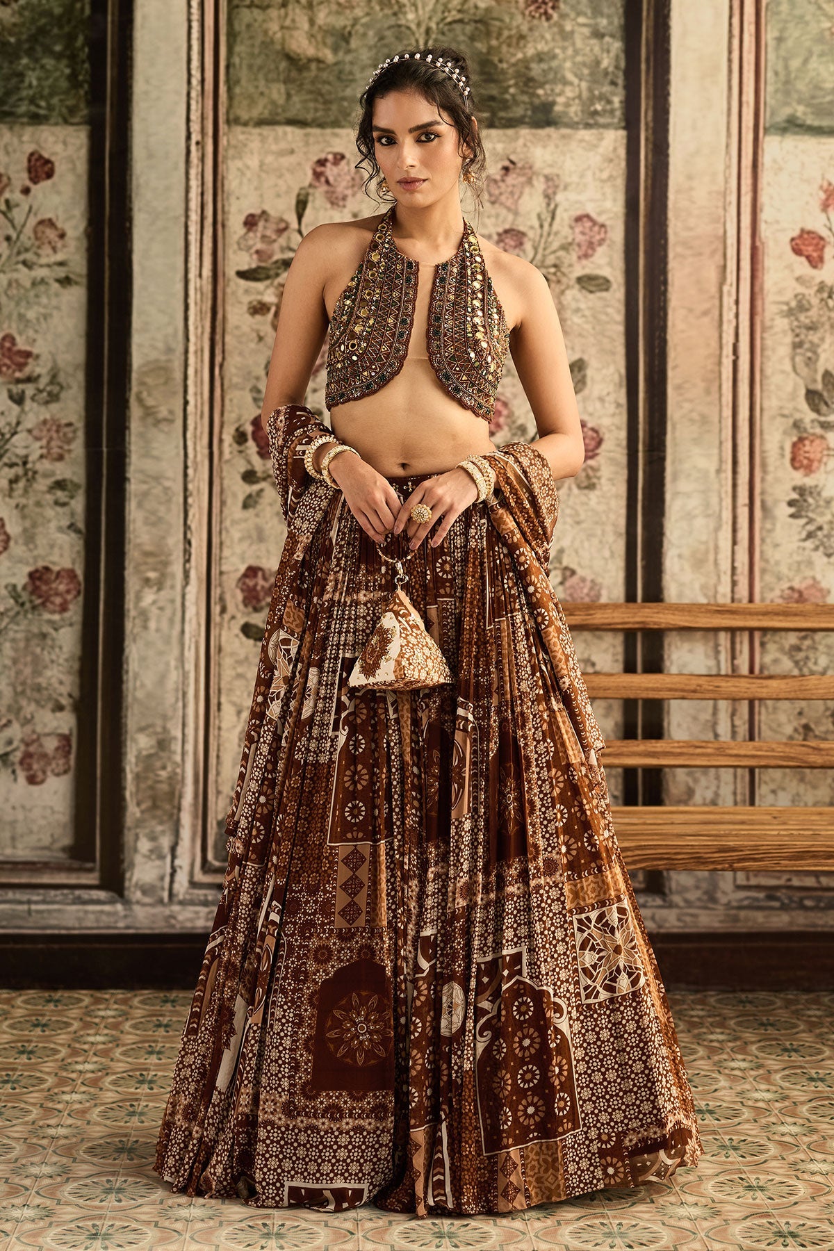 Caramel Embroidered Halter Blouse With Printed Lehenga Set