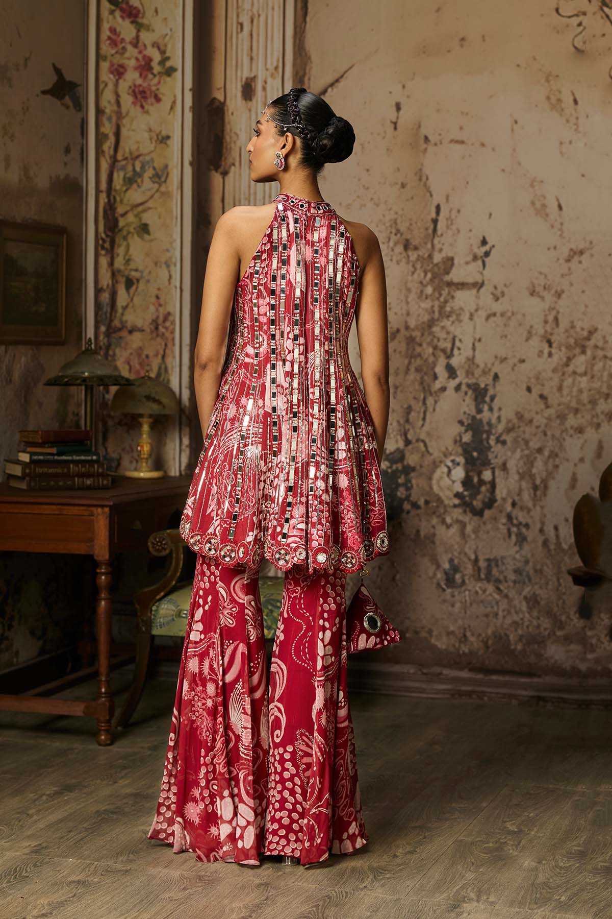 SCARLET RED PRINTED AND HIGHLIGHTED PEPLUM SET