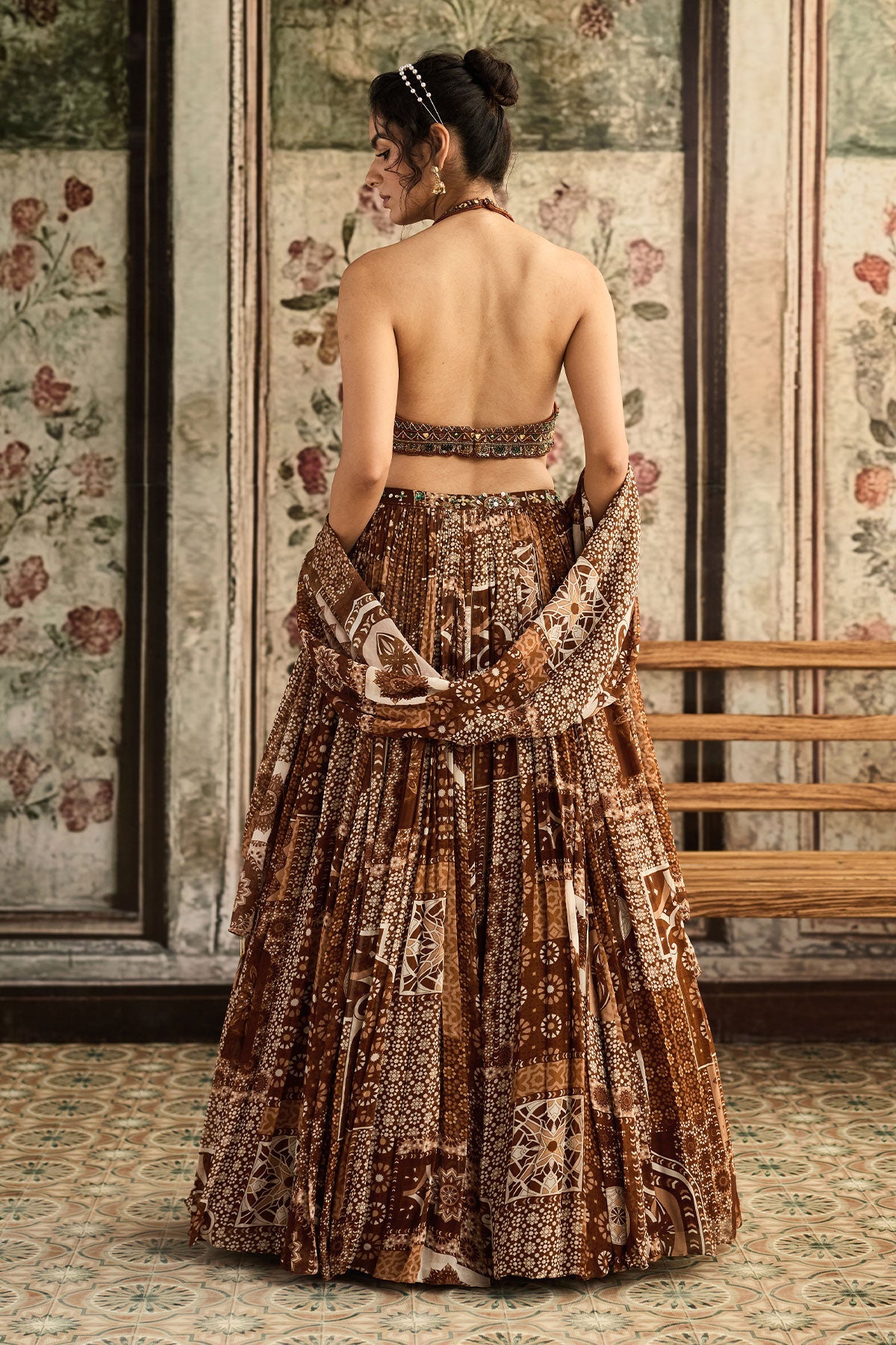 Caramel Embroidered Halter Blouse With Printed Lehenga Set