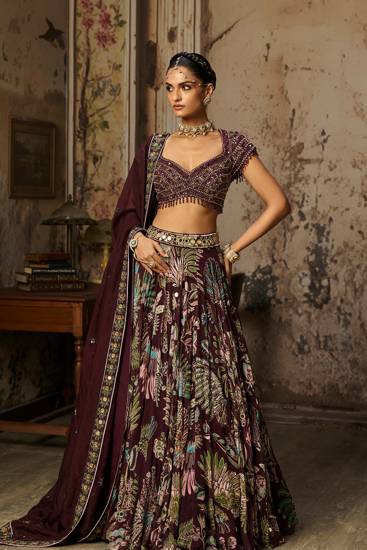 PLUM EMBROIDERED BLOUSE WITH PRINTED LEHENGA SET