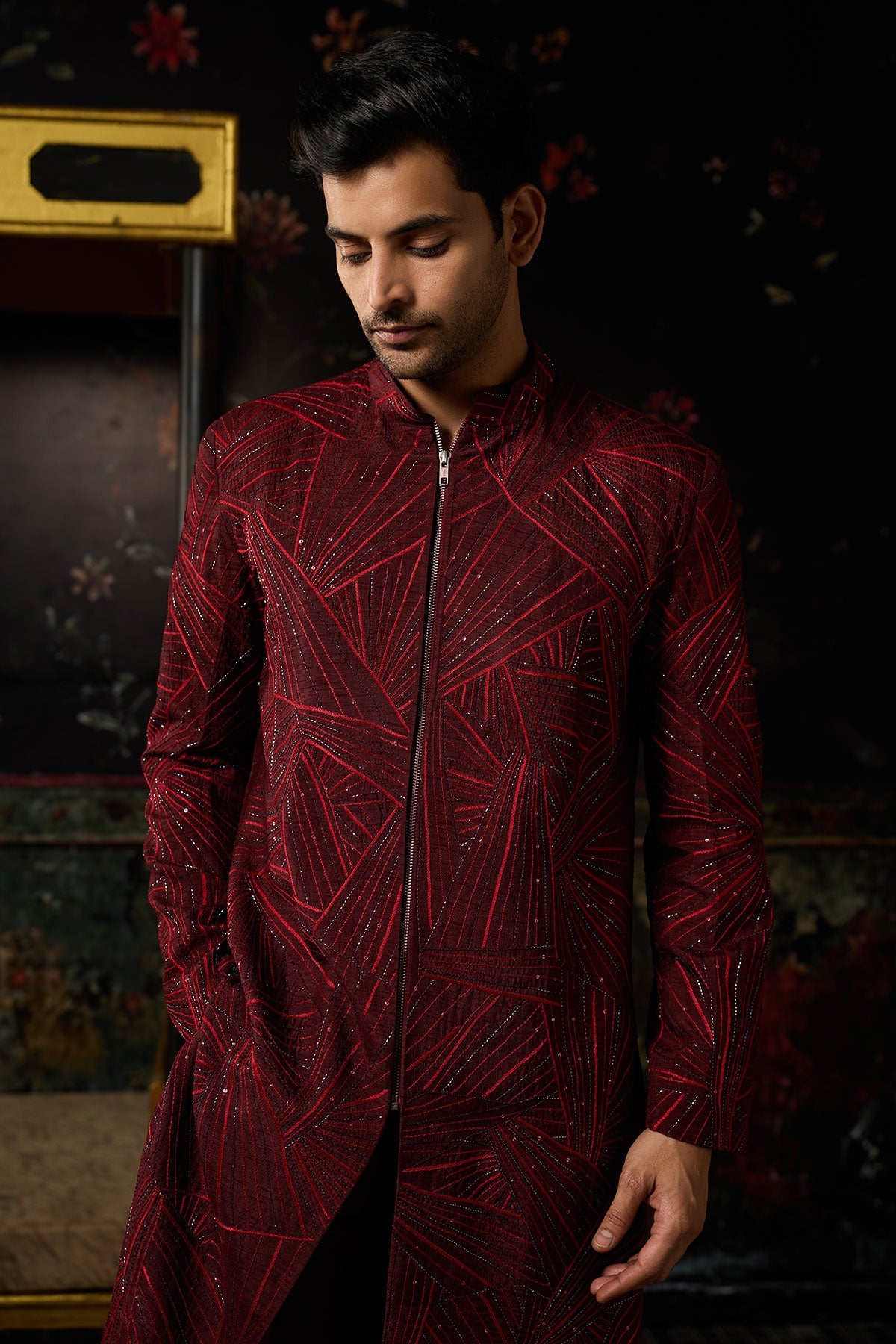Maroon Embroidered Jacket Set & Pants