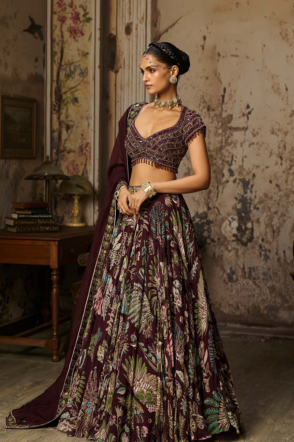 PLUM EMBROIDERED BLOUSE WITH PRINTED LEHENGA SET