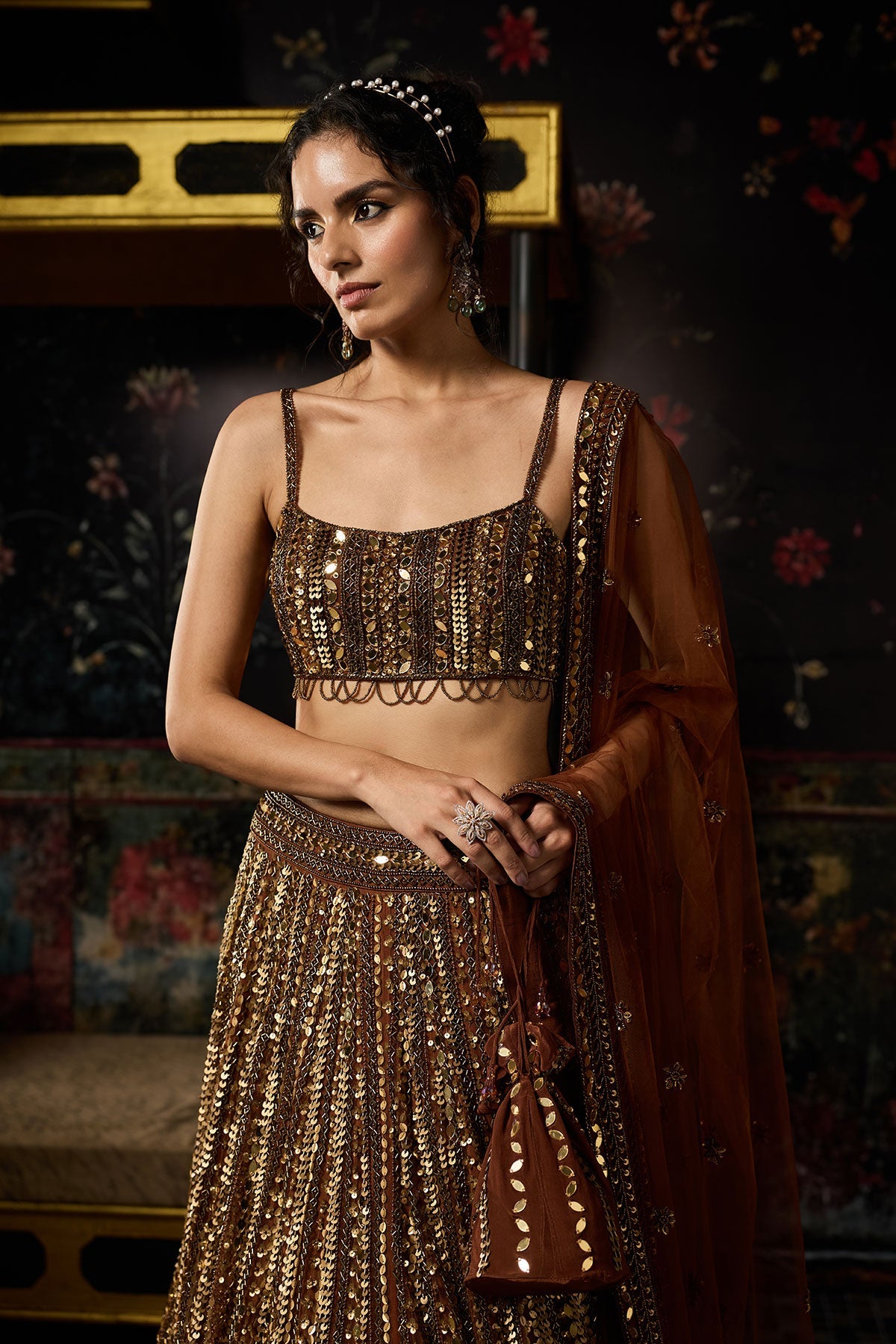 Metallic Gold Embellished Mirrorwork Lehenga Set