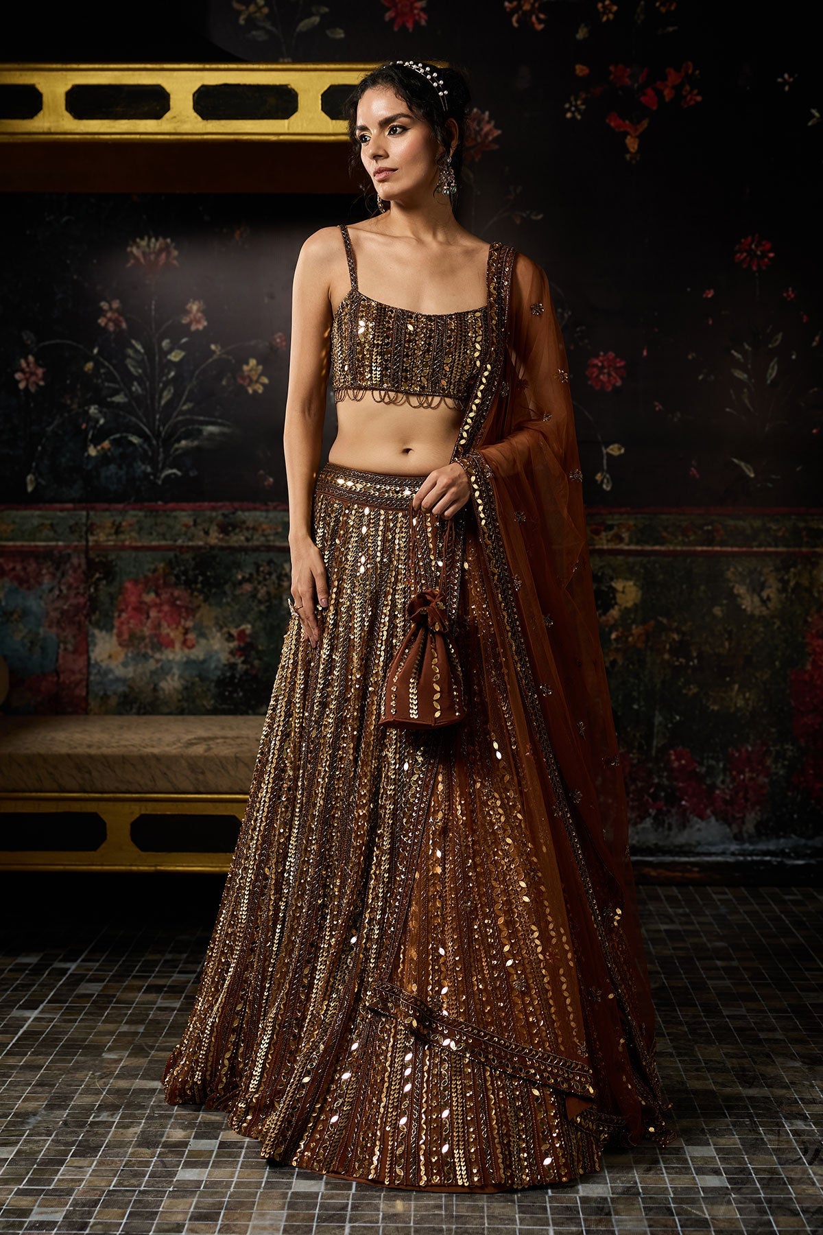 Metallic Gold Embellished Mirrorwork Lehenga Set