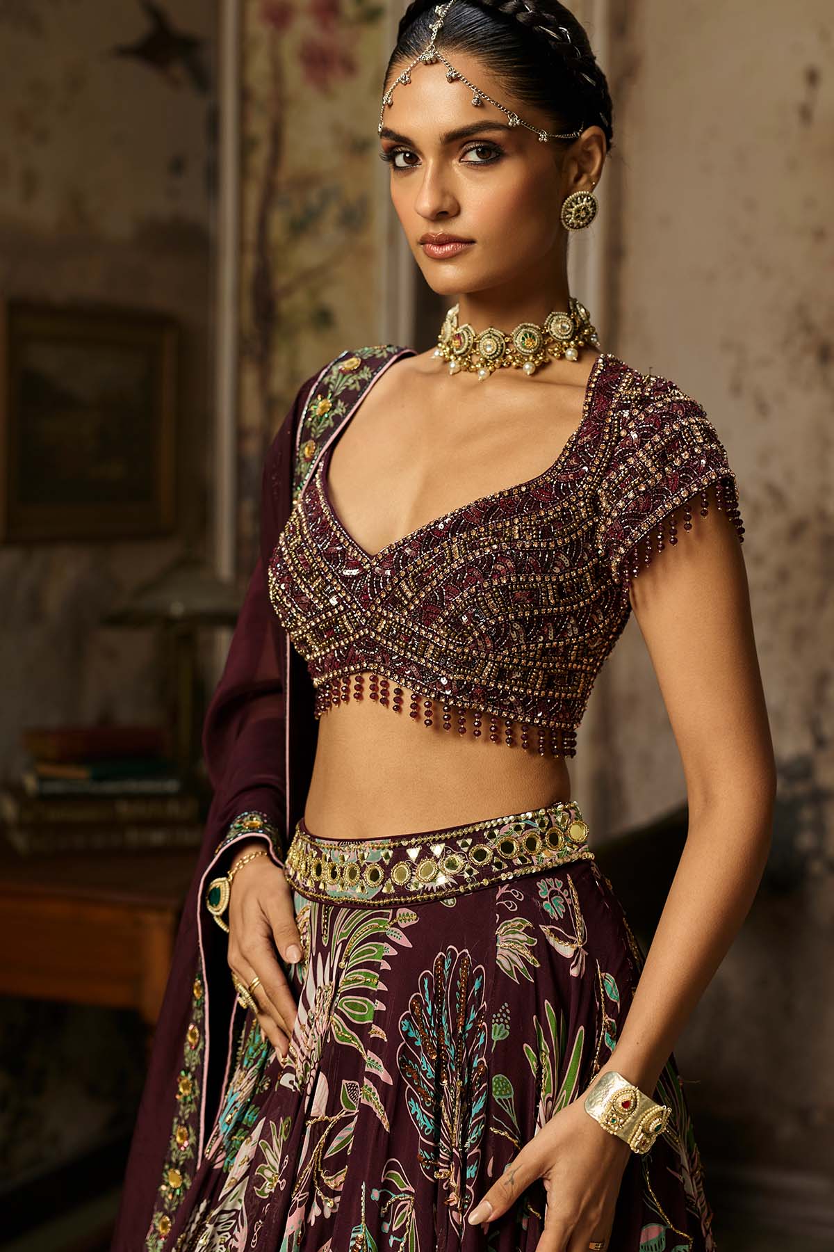 PLUM EMBROIDERED BLOUSE WITH PRINTED LEHENGA SET