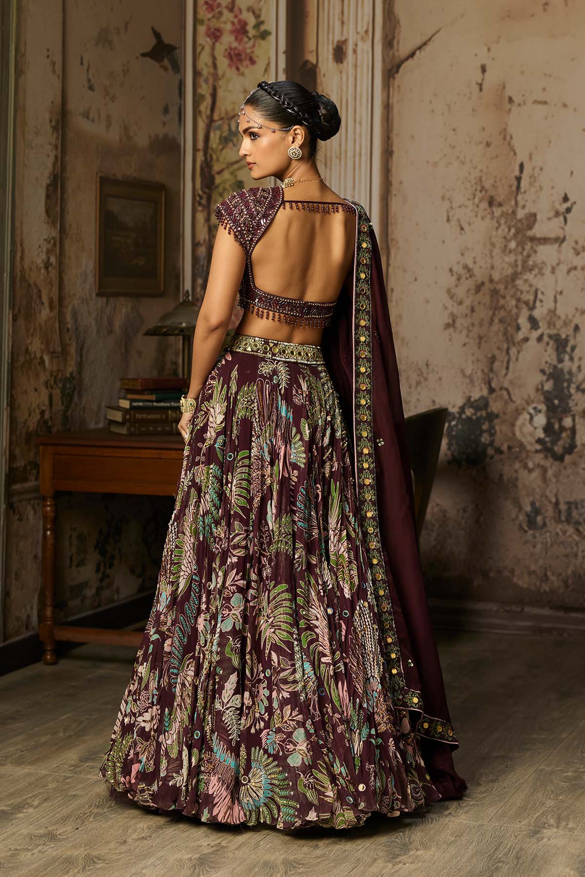 PLUM EMBROIDERED BLOUSE WITH PRINTED LEHENGA SET