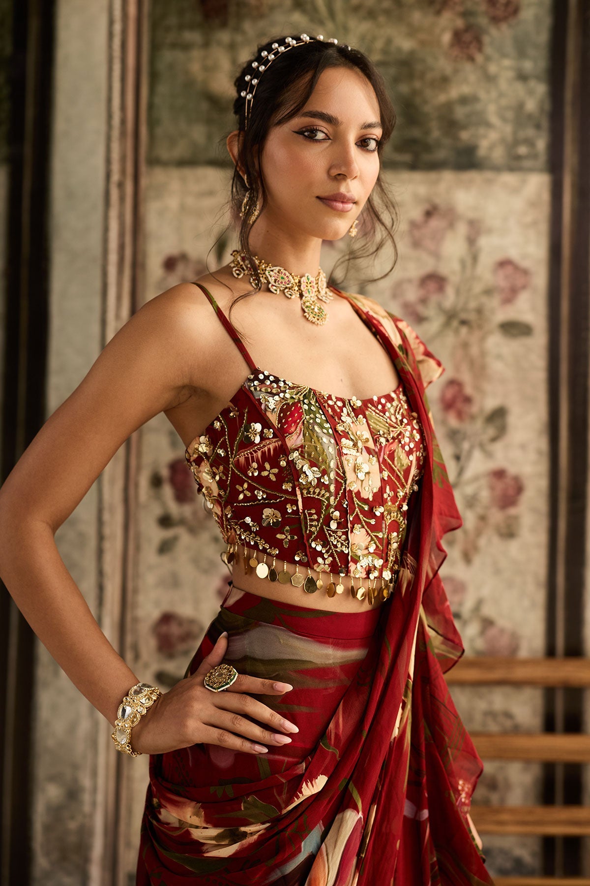 Red Floral Printed Pleated Skirt Saree Set