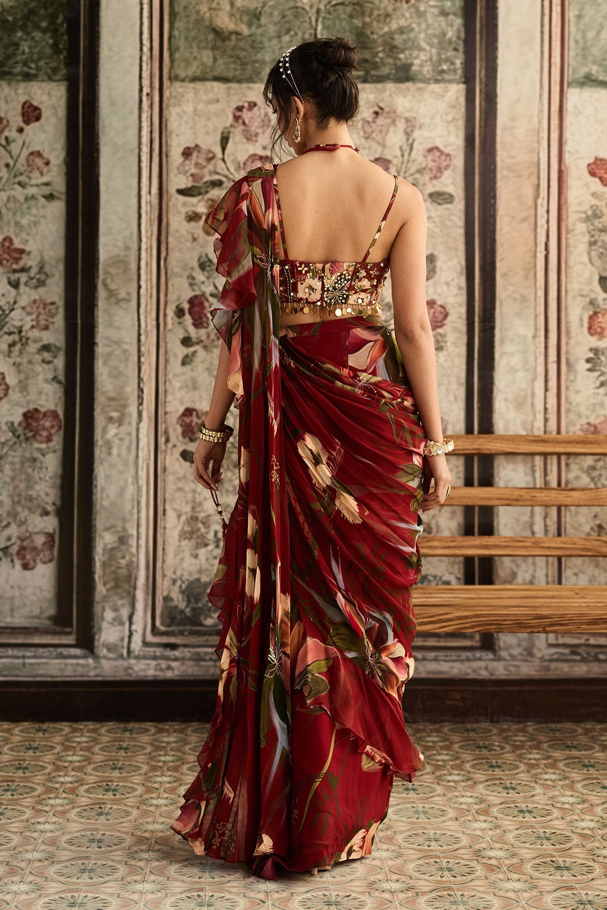 Red Floral Printed Pleated Skirt Saree Set
