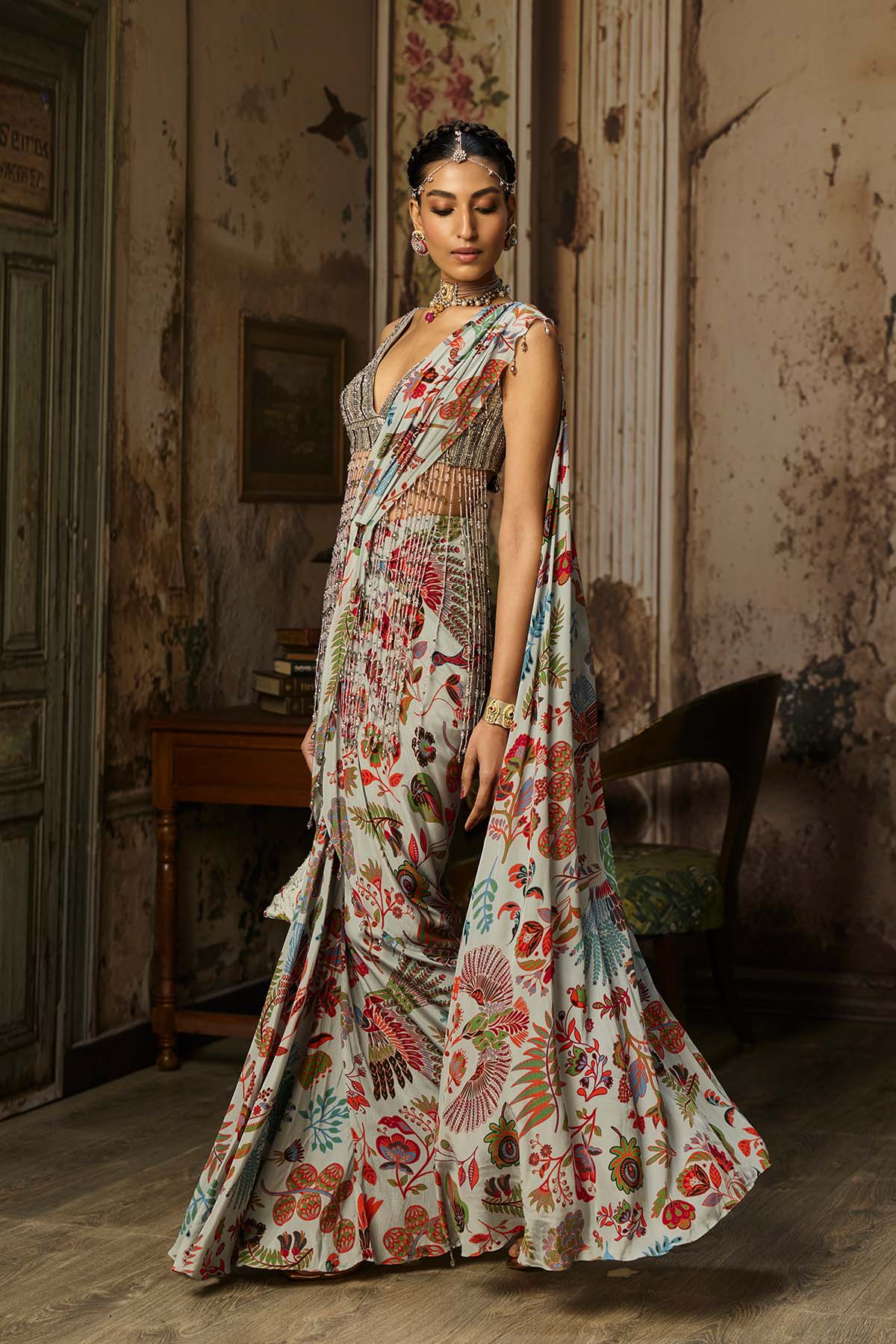 SLATE GREY EMBROIDERED BLOUSE WITH DHOTI SKIRT SAREE SET