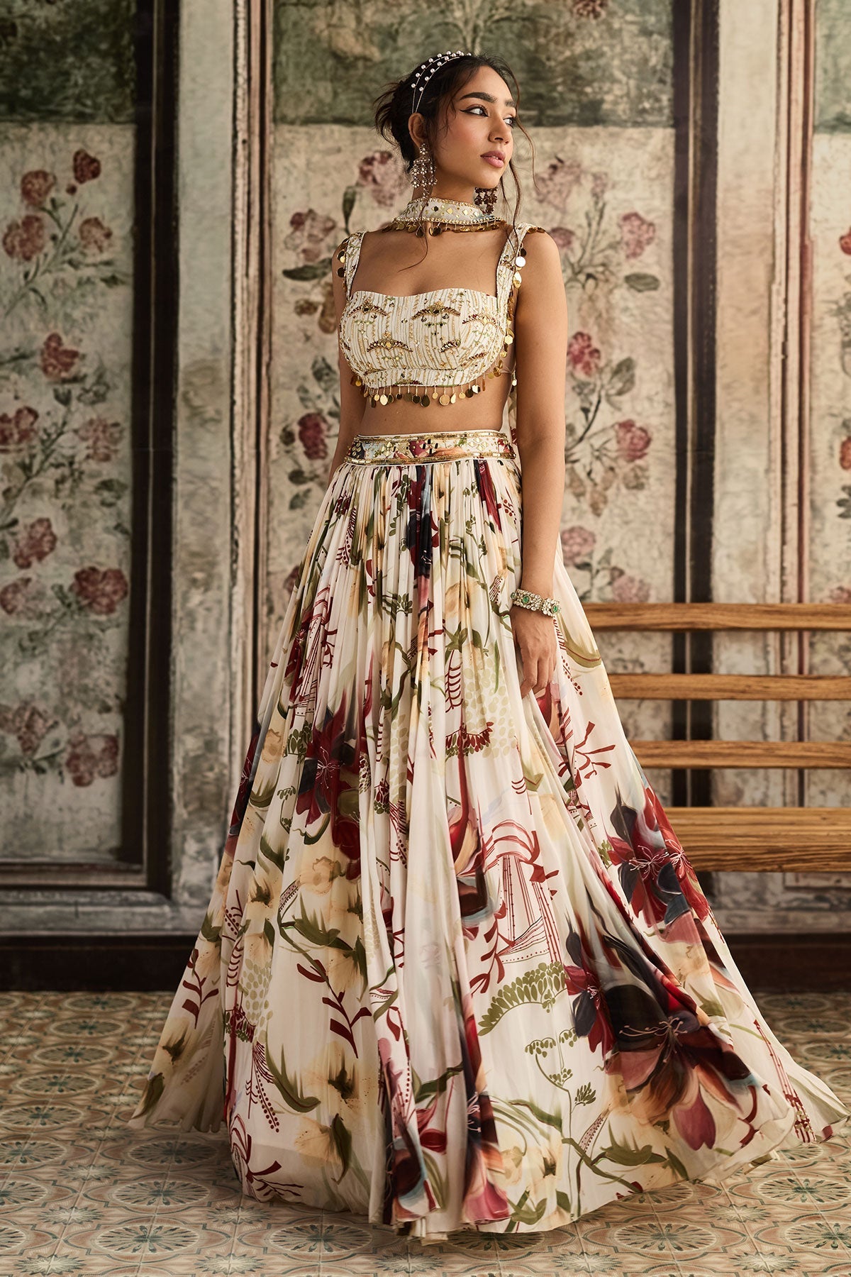 Ivory Floral Print And Highlighted Lehenga Set