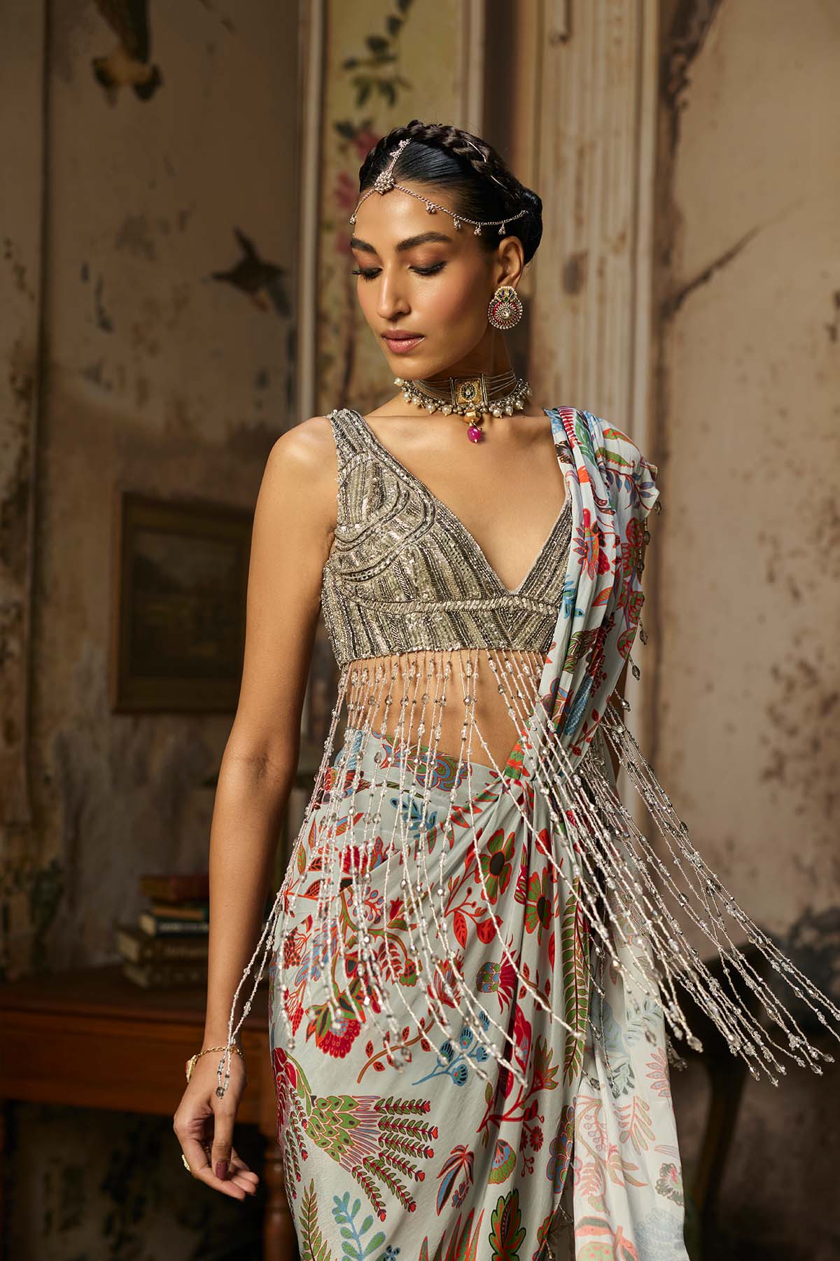 SLATE GREY EMBROIDERED BLOUSE WITH DHOTI SKIRT SAREE SET