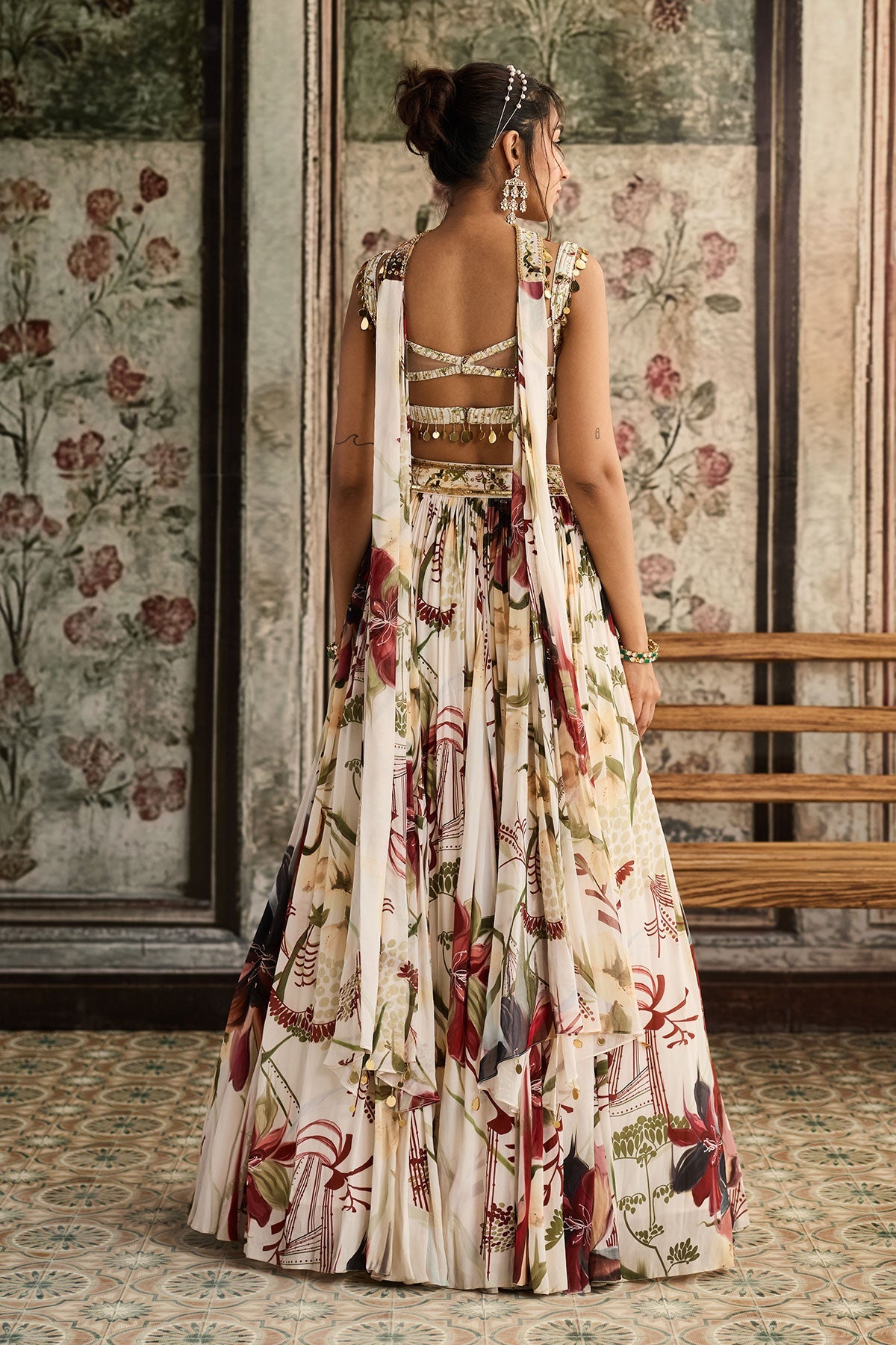 Ivory Floral Print And Highlighted Lehenga Set