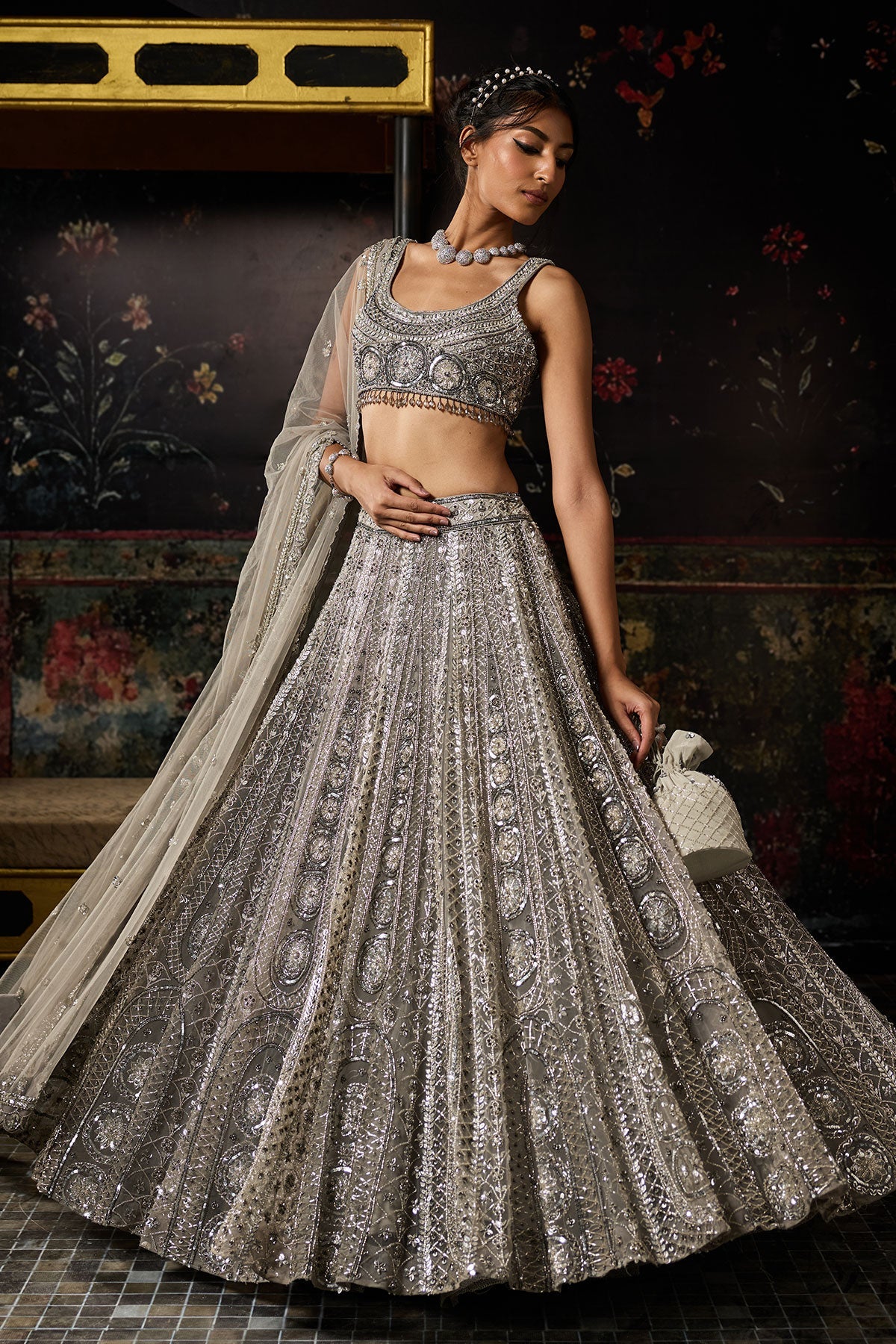 Grey Gunmetal Embellished Arc Circle Lehenga Set