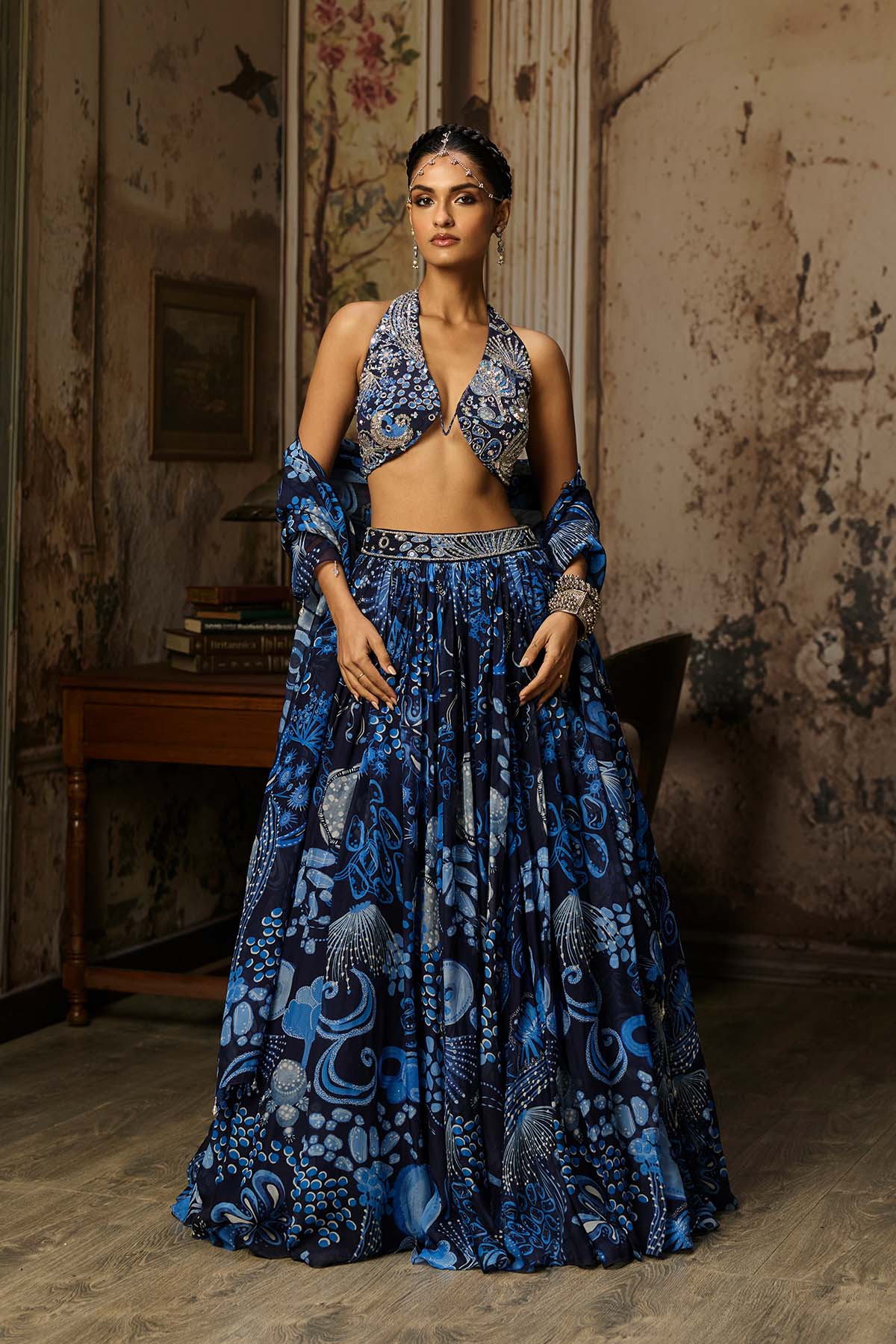 NAVY BLUE PRINTED & HIGHLIGHTED LEHENGA SET