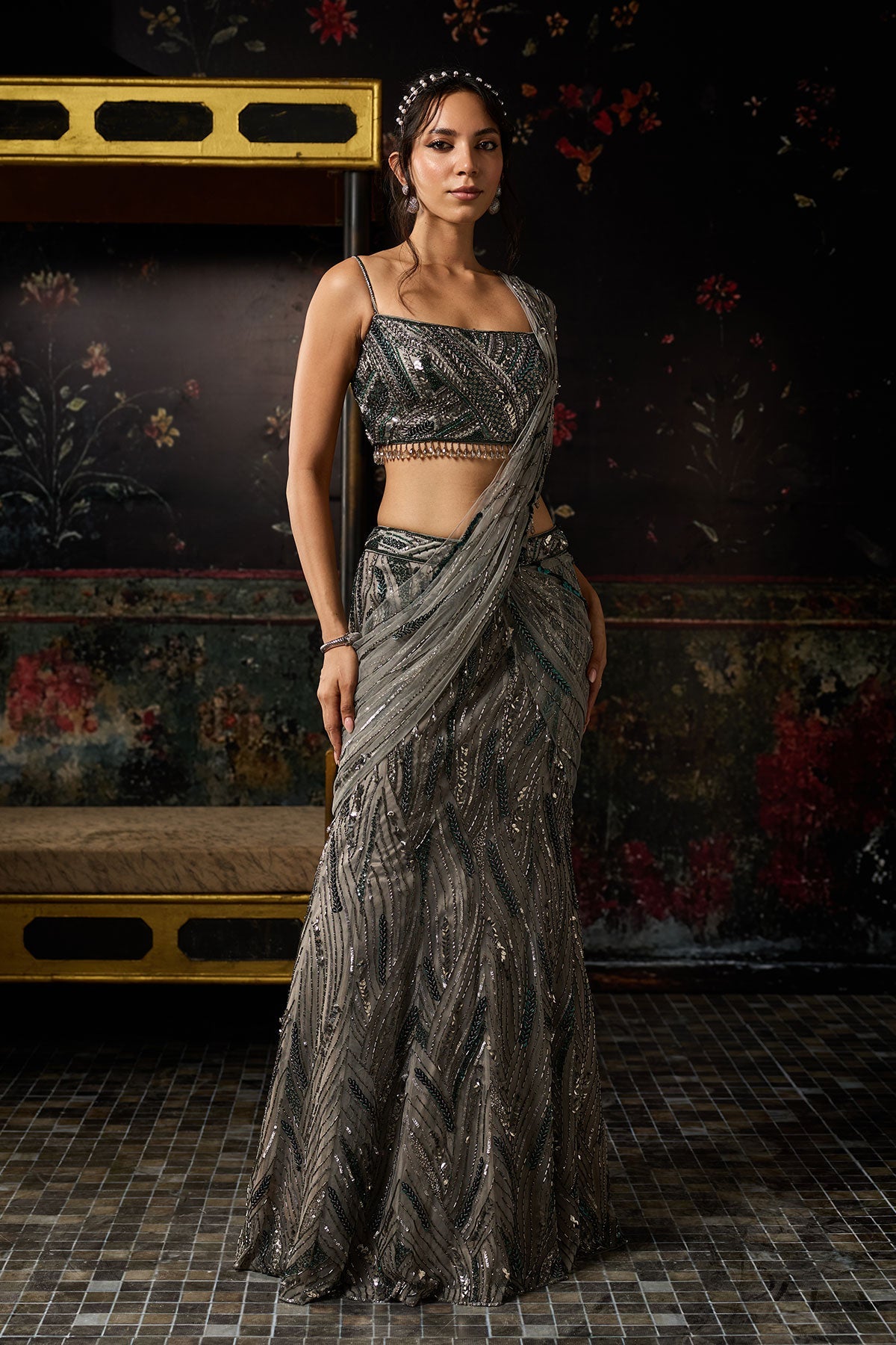 Grey Embellished Mermaid Skirt Saree Set