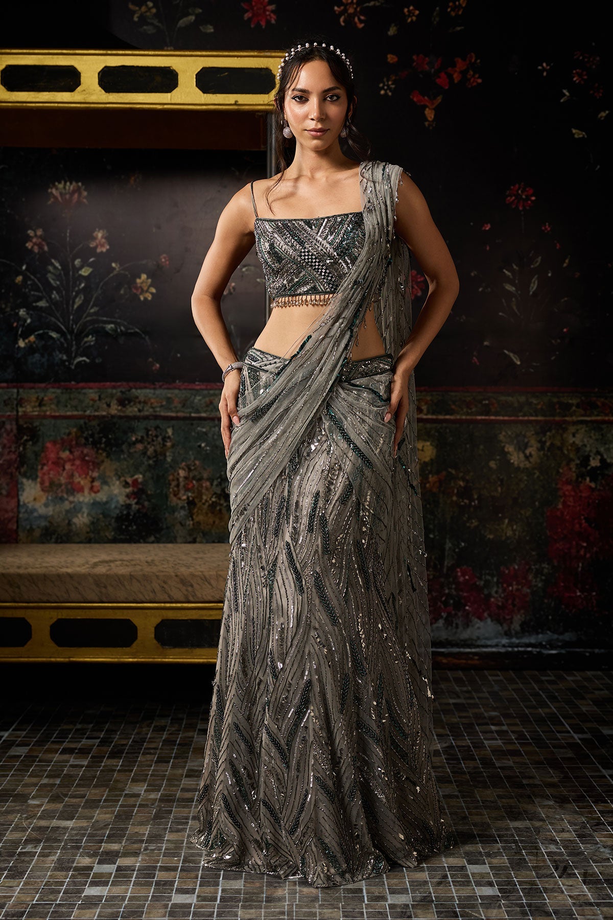 Grey Embellished Mermaid Skirt Saree Set