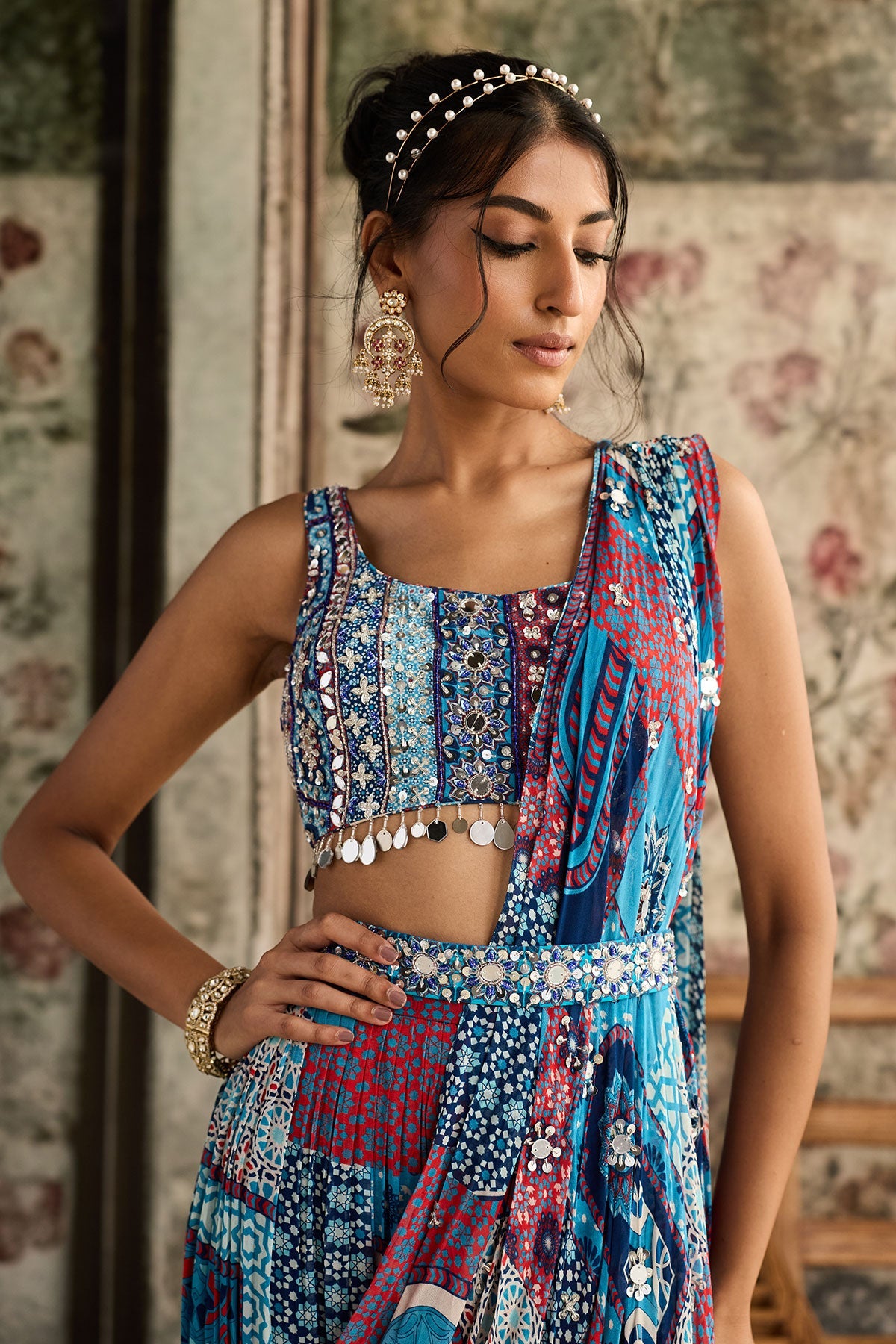 Teal Print And And Highlighted Square Neck Blouse With Tiered Skirt Saree Set