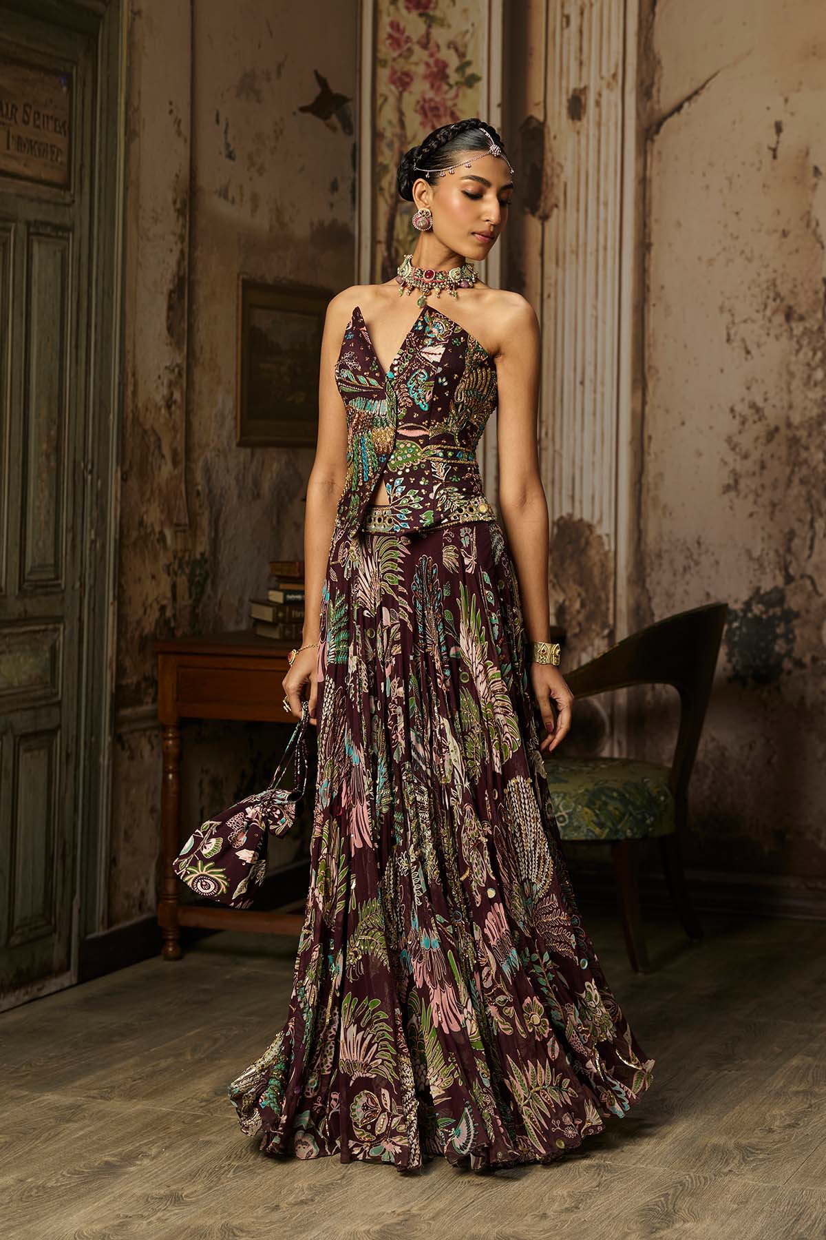 PLUM PRINTED AND HIGHLIGHTED CORSET LEHENGA SET