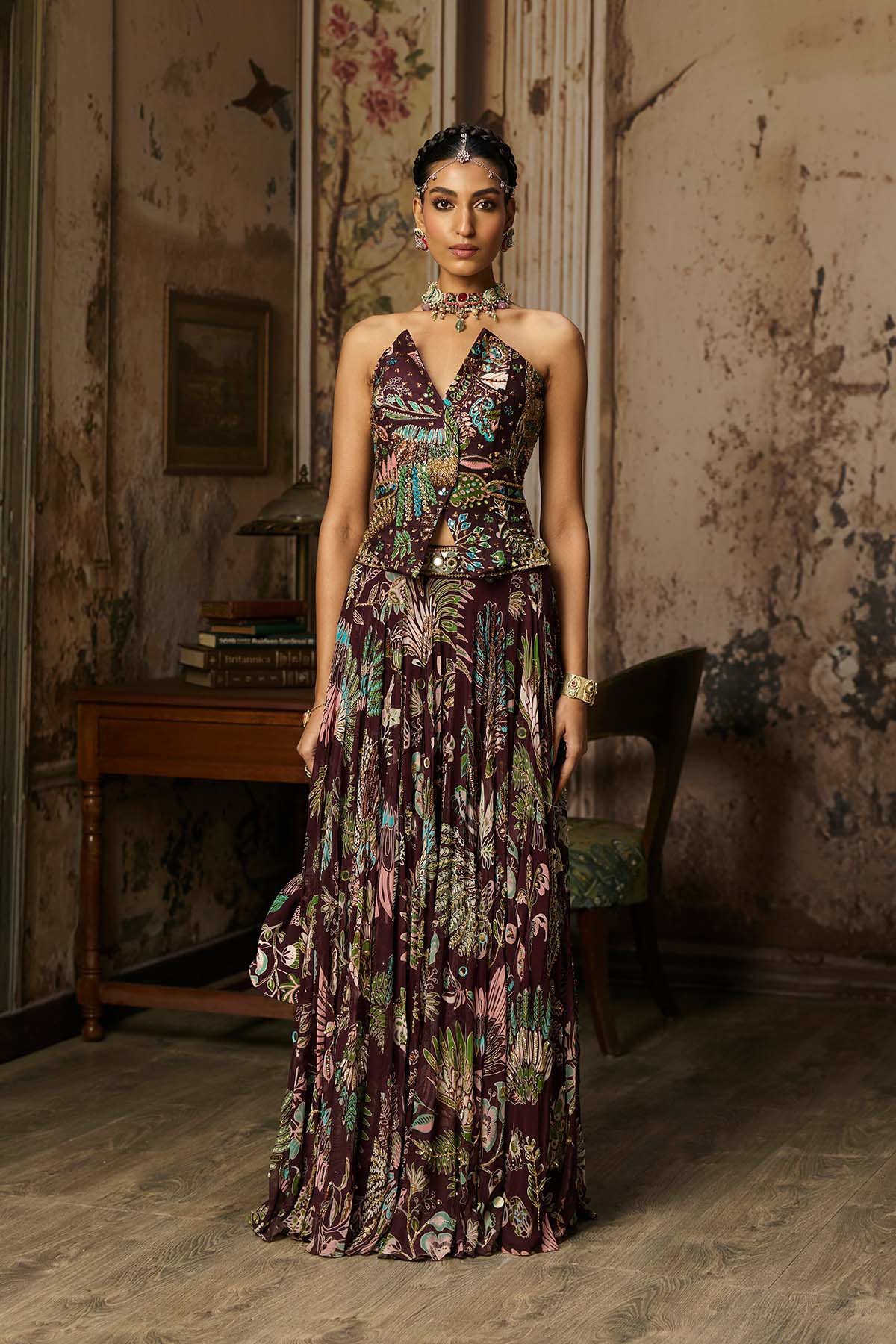 PLUM PRINTED AND HIGHLIGHTED CORSET LEHENGA SET