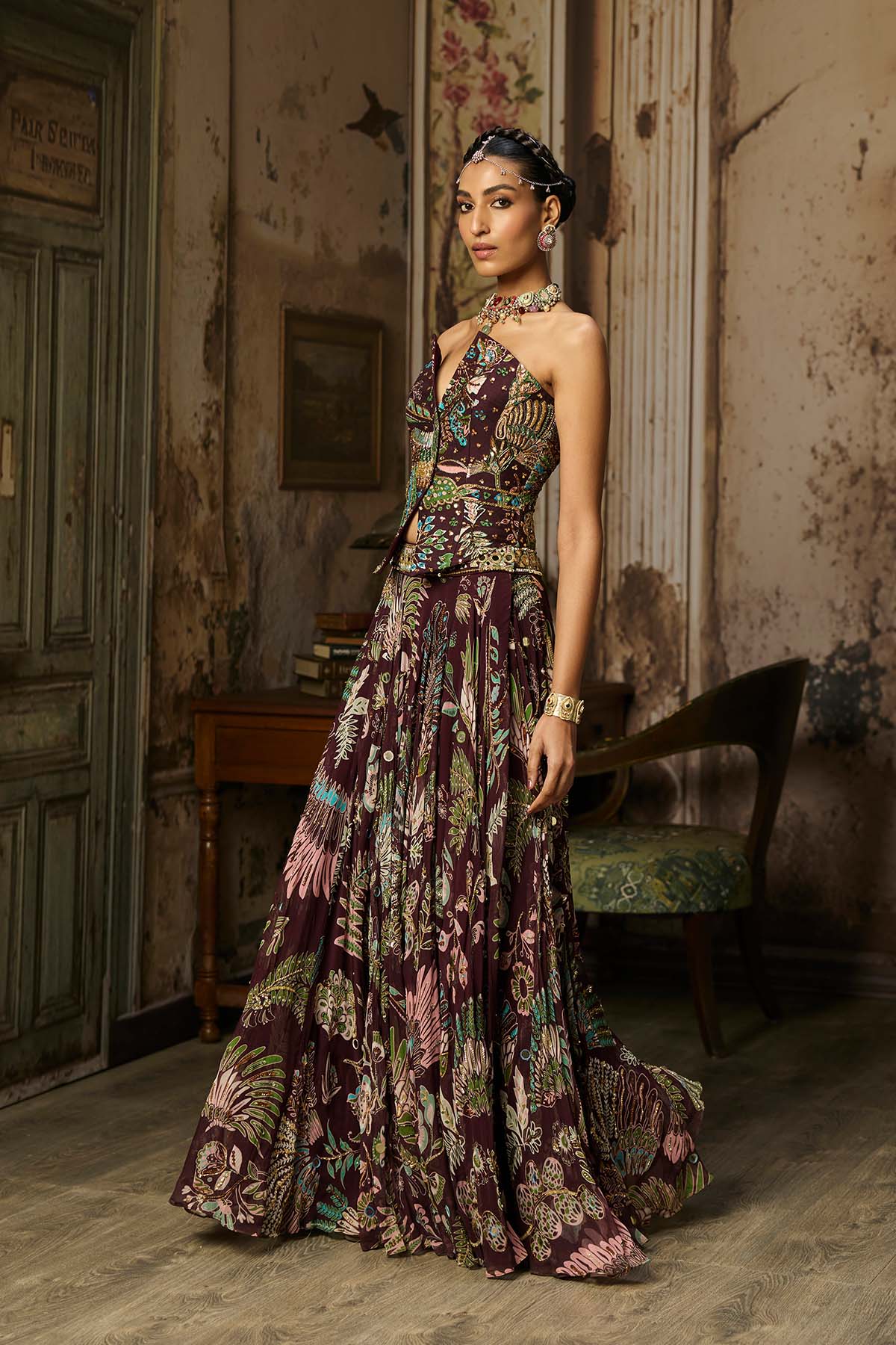 PLUM PRINTED AND HIGHLIGHTED CORSET LEHENGA SET