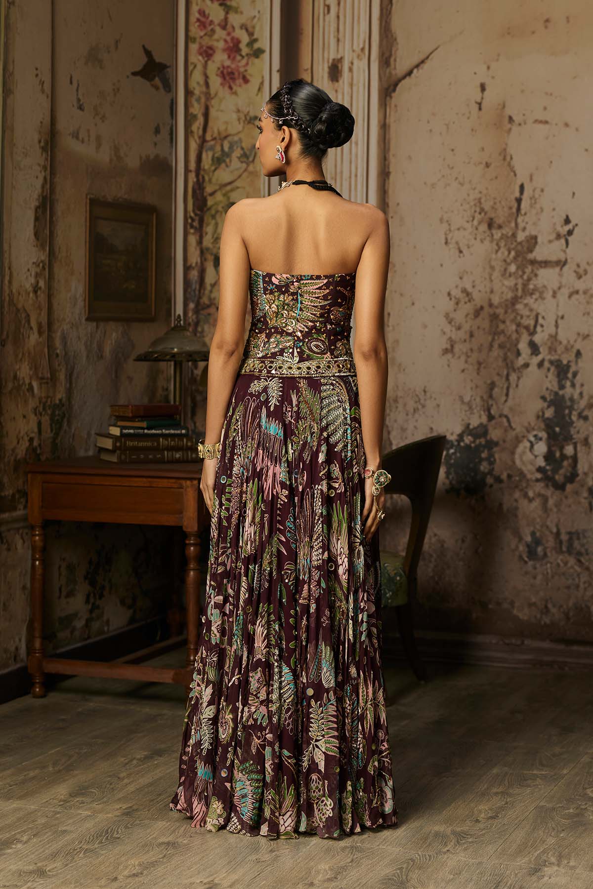 PLUM PRINTED AND HIGHLIGHTED CORSET LEHENGA SET