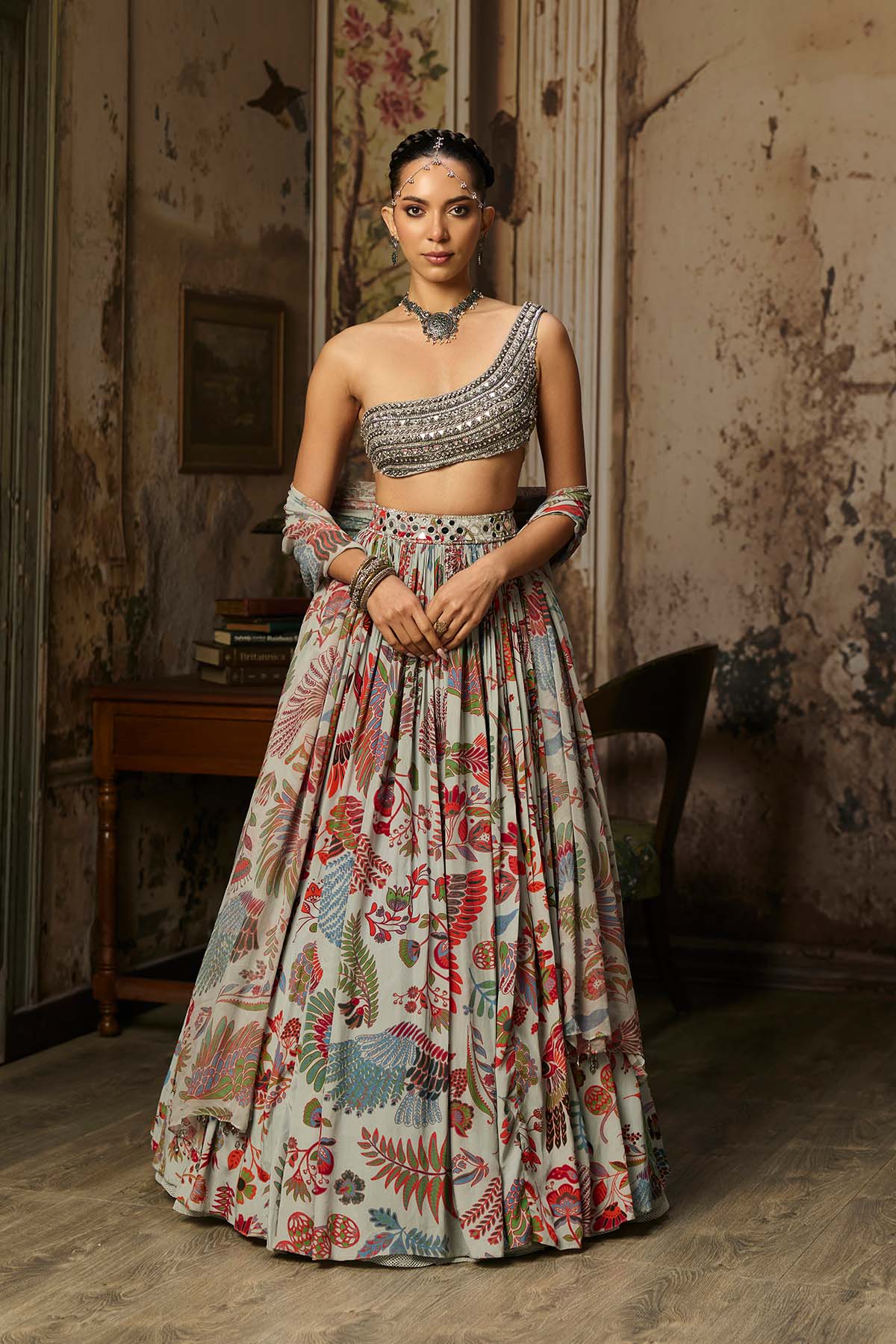 SLATE GREY EMBROIDERED BLOUSE WITH PRINTED LEHENGA SET