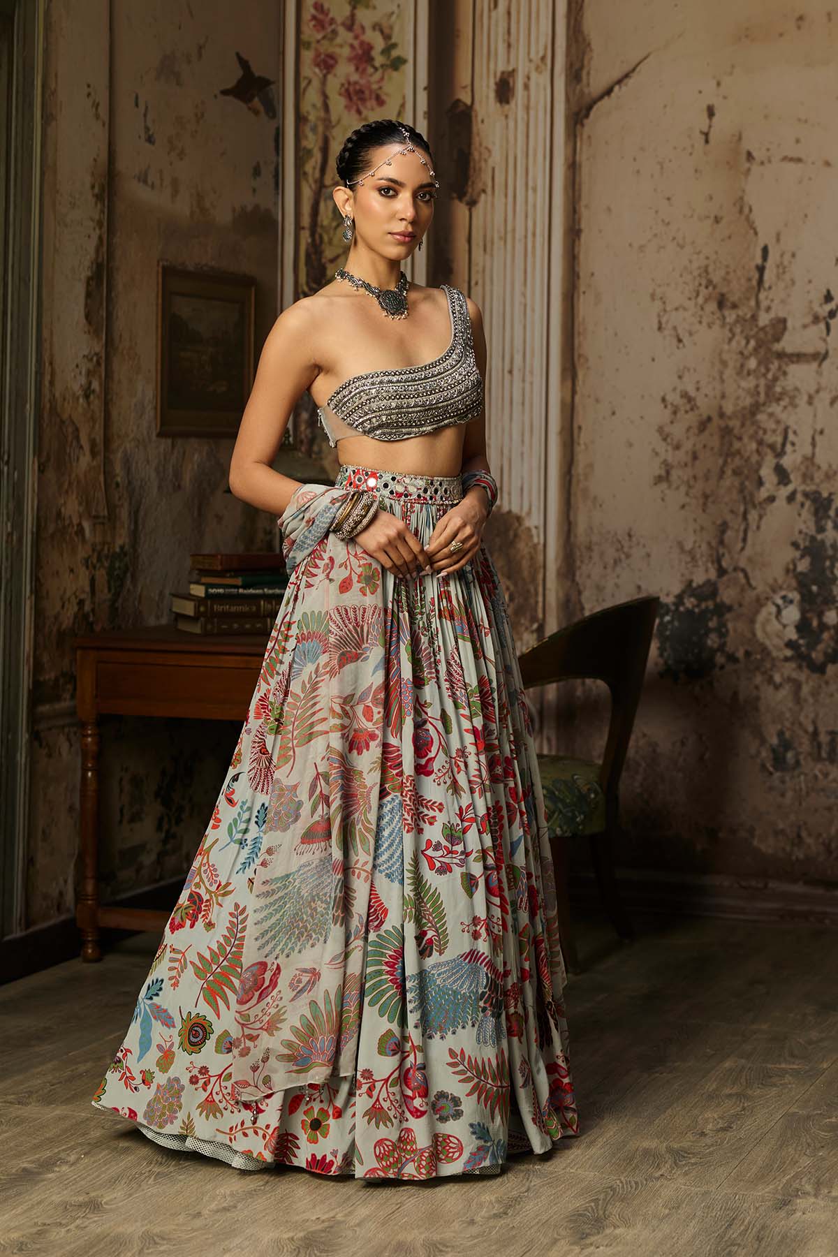 SLATE GREY EMBROIDERED BLOUSE WITH PRINTED LEHENGA SET