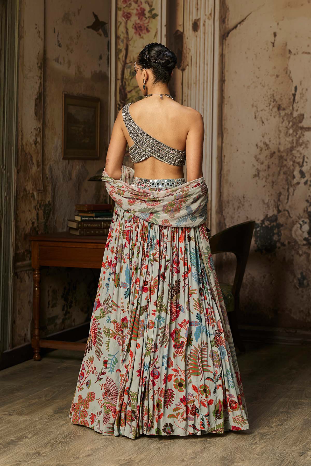 SLATE GREY EMBROIDERED BLOUSE WITH PRINTED LEHENGA SET