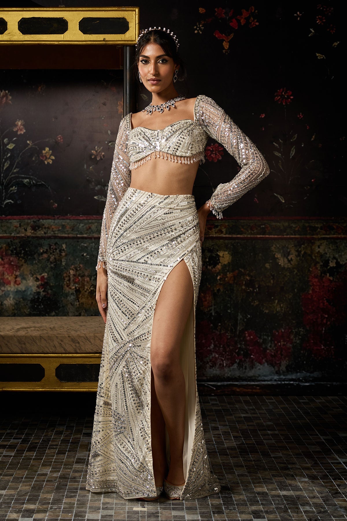 Silver Fully Embellished Slit Skirt Set