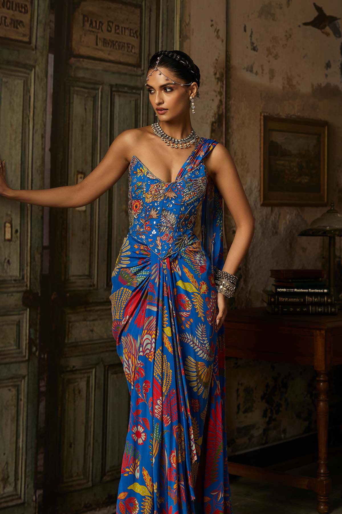 ELECTRIC BLUE PRINTED AND HIGHLIGHTED CORSET DHOTI SKIRT SAREE SET
