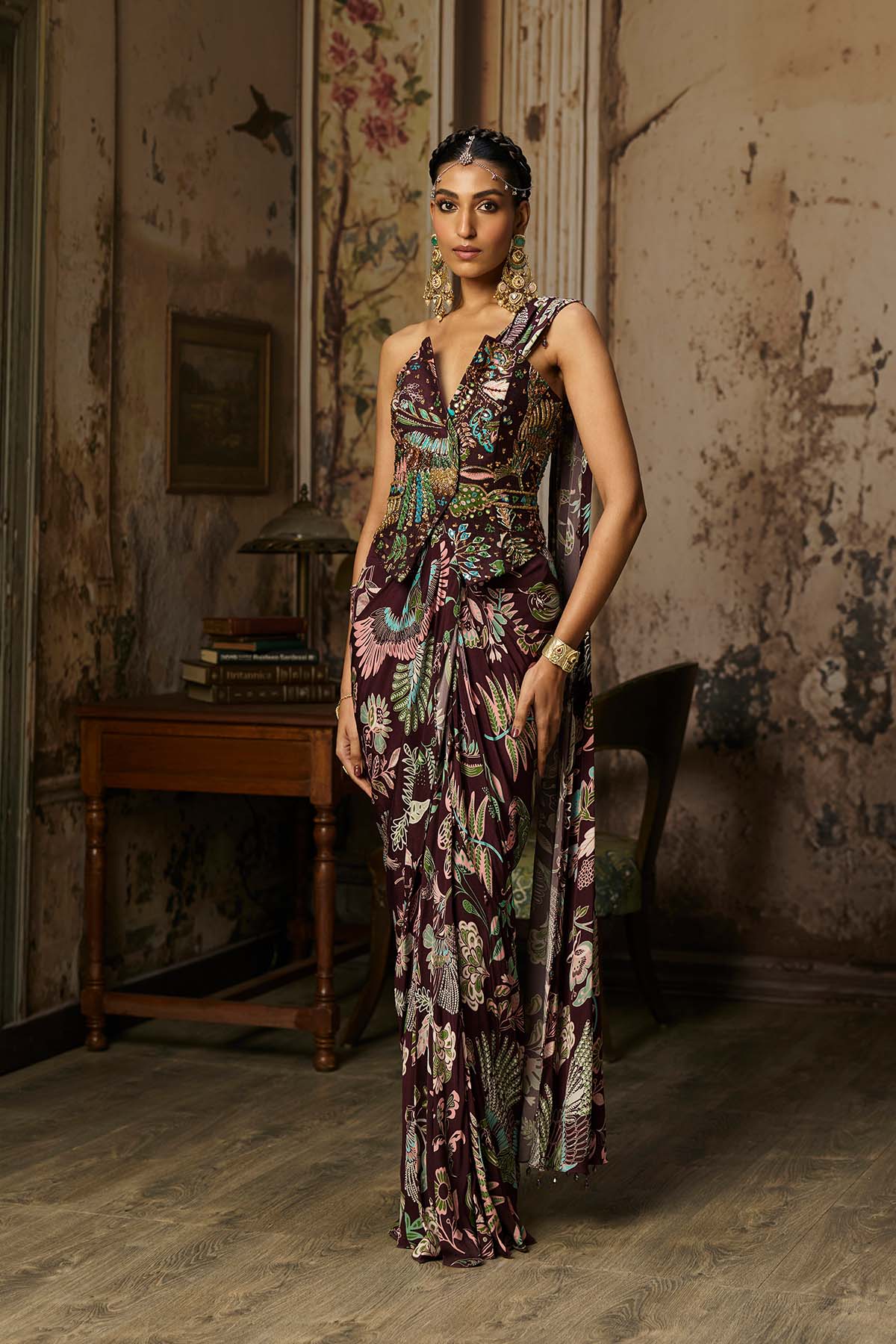 PLUM PRINTED AND HIGHLIGHTED CORSET WITH DHOTI SKIRT SAREE SET
