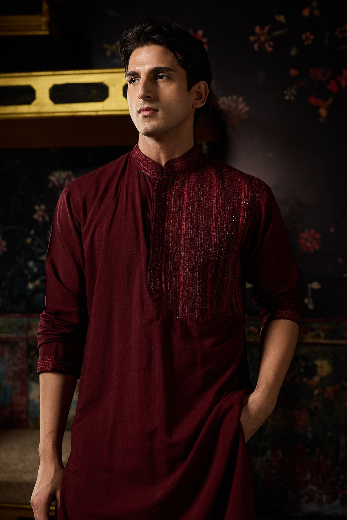 Maroon Embroidered Kurta & Pants