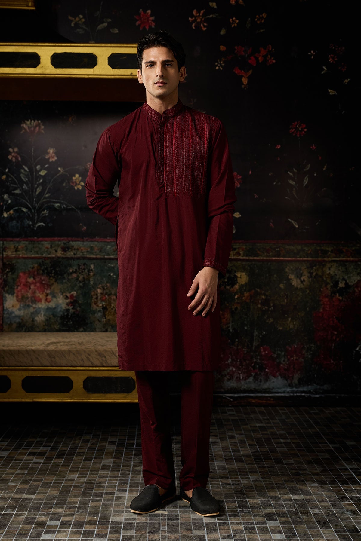 Maroon Embroidered Kurta & Pants