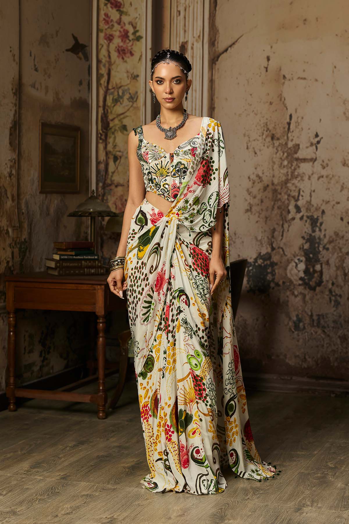 IVORY PRINT AND HIGHLIGHTED CORSET WITH  DHOTI SKIRT SAREE SET