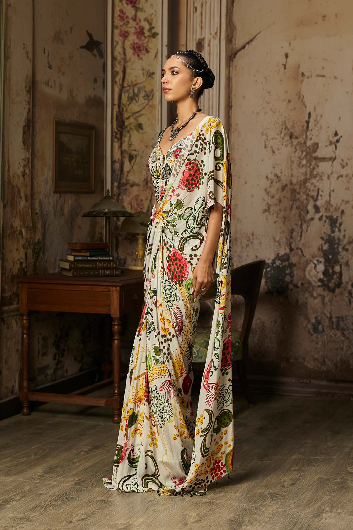 IVORY PRINT AND HIGHLIGHTED CORSET WITH  DHOTI SKIRT SAREE SET