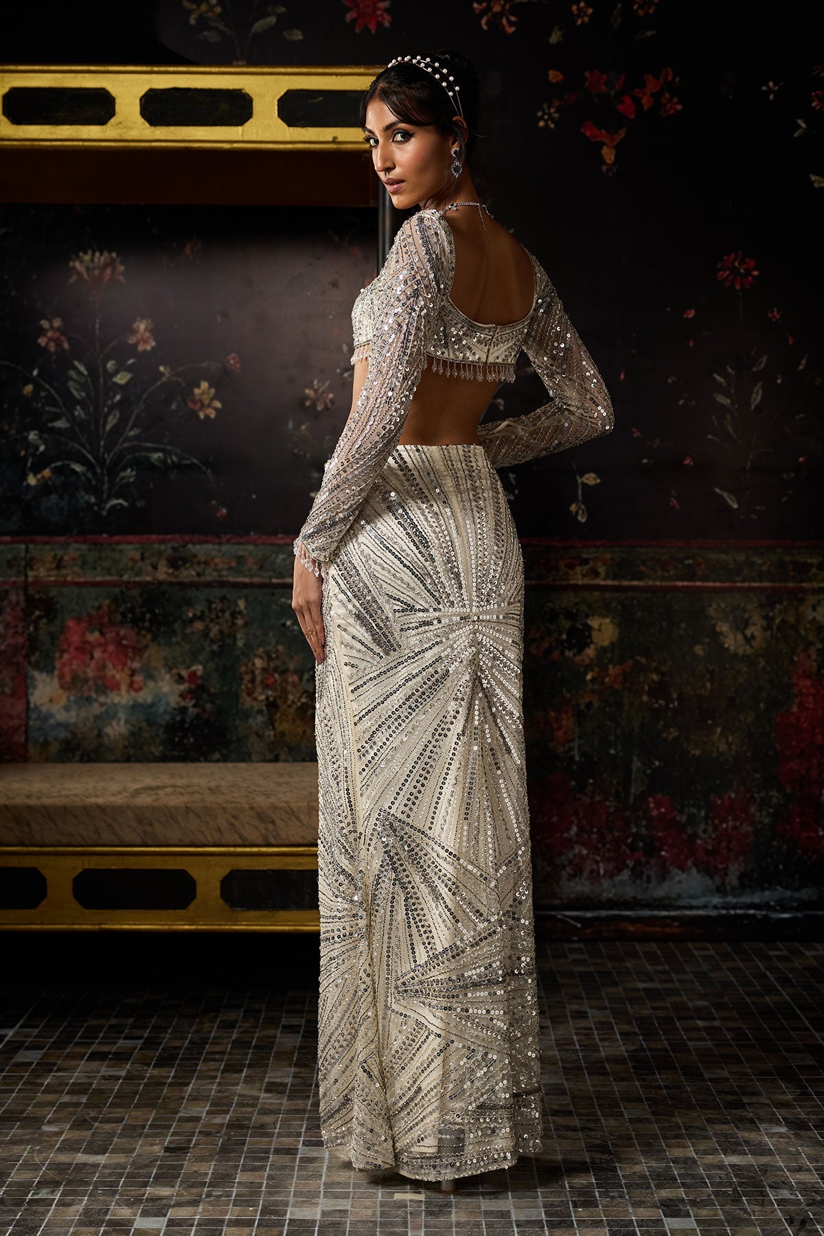 Silver Fully Embellished Slit Skirt Set